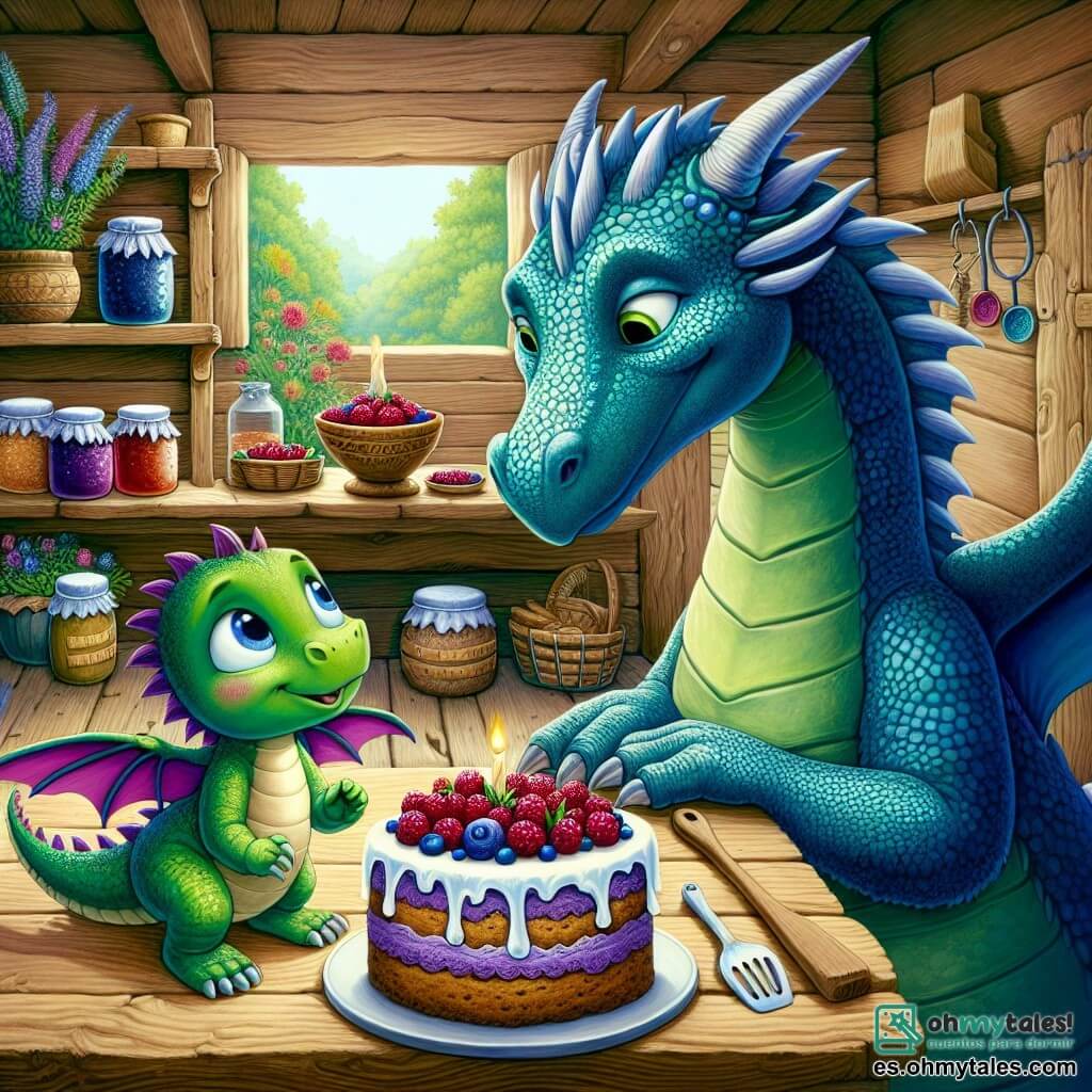 Un pequeño dragón verde con escamas brillantes y alas azul brillante, con grandes ojos llenos de curiosidad, se encuentra en el centro de la escena, sonriendo tímidamente mientras mira un delicioso pastel de bayas sobre una mesa de madera. A su lado, una mamá dragona de pelaje verde suave, con escamas brillantes y ojos dulces, sonríe cálidamente, sosteniendo una espátula de madera, lista para servir el pastel. El ambiente es una cocina en plena naturaleza, con paredes de madera y ventanas abiertas que dejan entrar la luz del sol, iluminando estanterías llenas de tarros de mermelada coloridos y hierbas colgantes. Fuera, crecen flores silvestres, añadiendo un toque de color vibrante al entorno. La situación principal muestra al pequeño dragón confesando a su mamá que ha inventado el "Día del Dragón Especial" para conseguir un pastel, mientras ella le sonríe con benevolencia, creando un momento de sinceridad y amor entre ellos.