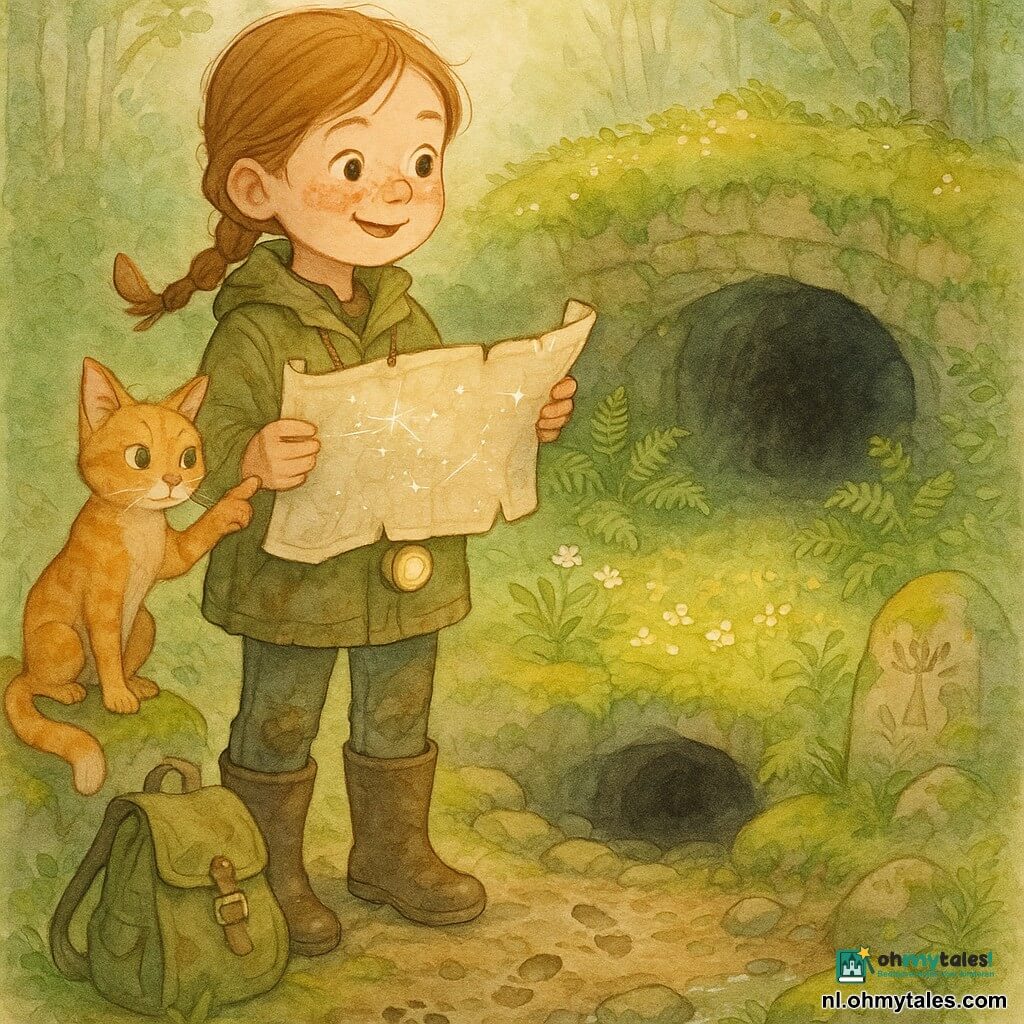 Avontuurlijke meisje Ava, circa 9 jaar, rond gezicht met sproeten en lichtbruin gevlochten haar, verbaasd en zelfverzekerd, houdt een oude opgerolde open kaart vast en kijkt naar een open plek; ze draagt een licht modderige kaki jas, bruine rubberlaarzen, een olijfgroene canvasrugzak aan haar voeten en een kleine hoofdlamp op de borst; kat Sproet, klein en rood met puntige oren en nieuwsgierige groene ogen, staat op een steen naast haar, snuffelt aan de kaart en heft een poot alsof hij de weg wijst; locatie: een beboste doline met lage met mos bedekte rotswanden, een cirkelvormige rand van varens, een donkere ingang en een gouden zonnestraal die een bloeiende open plek verlicht; op de grond natte stenen, voetafdrukken, een klein stroompje en oude gravures op een mosachtige steen bij de ingang; hoofdgebeurtenis: Ava vindt de in de doline verborgen kaart en leidt haar kat naar de geheime open plek, een zachte avontuurlijke ontdekking met een warme mysterieuze sfeer; kleurenpalet: warme aquareltinten — mosgroen, aardebruin, goudgeel, met witte gelpenaccenten op de kaart, lamp en de ogen van de kat.