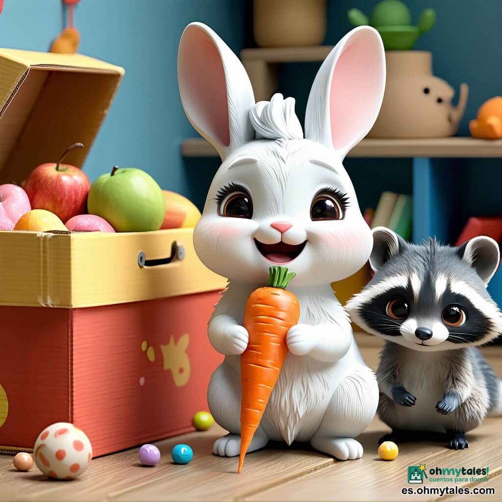 Un pequeño conejo blanco de orejas rosadas llamado Timo, alegre y aliviado, sostiene una gran zanahoria naranja brillante frente a una caja de juguetes abierta; junto a él está Paco, un ratón gris de bigotes y mirada traviesa, orgulloso como si hubiera ayudado a encontrarla; la caja de cartón muestra un peluche beige y la punta de la zanahoria, migas naranjas en la alfombra, en un salón acogedor y luminoso con alfombra de motivos, cojines verdes y azules, una mesita de madera y un rayo de sol filtrado por una cortina, escena cálida y colorida que expresa complicidad.