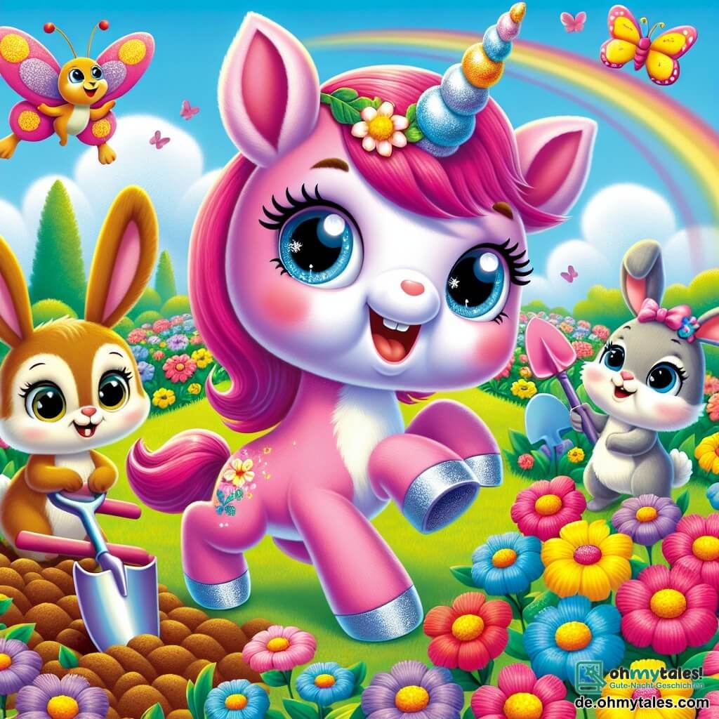 Lila, ein kleines Einhorn mit rosa Fell und einem glitzernden Horn, springt fröhlich in einem bunten Garten, ihre Augen leuchten vor Glück, während sie die blühenden Blumen um sich bewundert. Neben ihr lächelt Benny, ein kleiner Hase mit großen Ohren und braunem Fell, während er eine kleine Schaufel hält, bereit, Samen zu pflanzen, während Mia, eine kleine graue Maus, mit staunenden, neugierigen Augen zuschaut. Der Garten ist voller strahlender Blumen in allen Farben, mit Schmetterlingen, die in der Luft fliegen, und einem klarblauen Himmel im Hintergrund. Die Szene zeigt Lila und ihre Freunde, die gemeinsam Samen pflanzen und freudig den Frühling feiern.