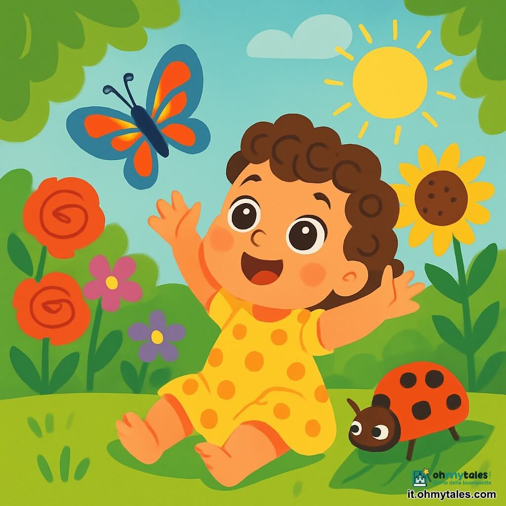 Una bambina di 2 anni, con grandi occhi brillanti e capelli ricci, è seduta sull'erba verde, con un sorriso meravigliato sul volto. Indossa un vestito giallo a pois e alza le braccia verso il cielo, come se volesse volare. Accanto a lei, una coccinella rossa con punti neri cammina lentamente su una foglia, aggiungendo un tocco di colore alla scena. Sullo sfondo, un giardino splendente è pieno di fiori colorati: rose rosse, girasoli gialli e delicate violette, creando un'atmosfera gioiosa e vivace. La luce del sole filtra tra le foglie degli alberi, proiettando ombre morbide sul terreno. La bambina osserva una farfalla colorata, con ali blu vivo e arancione, che vola intorno a lei, danzando tra i fiori. La scena cattura un momento magico di scoperta e meraviglia, dove la curiosità dell'infante si risveglia di fronte alla bellezza della natura.