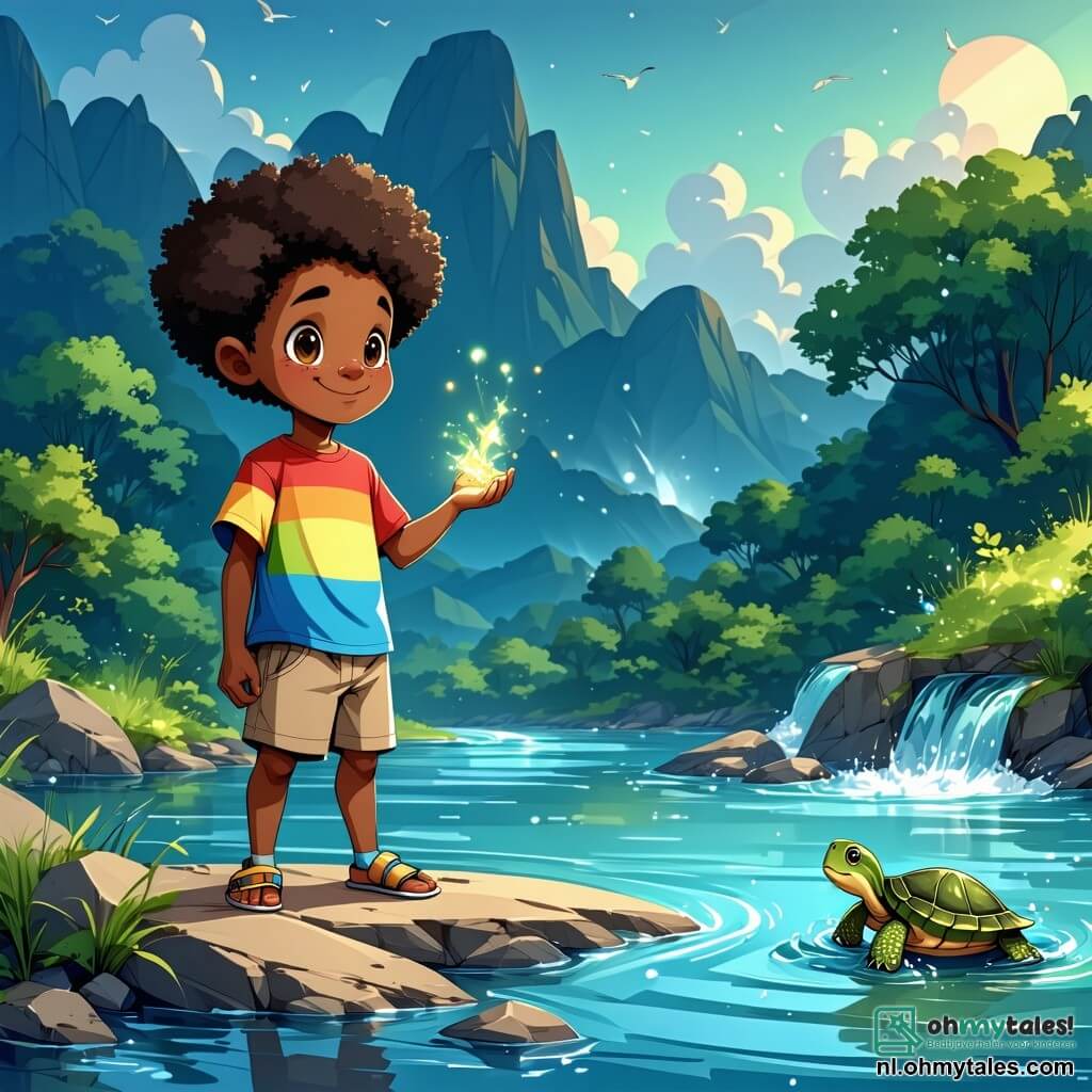 Kofi, een jonge Ghanese jongen van ongeveer 12 jaar, staat aan de oever van een brede rivier, zijn gezicht verlicht door een mix van opwinding en vrees. Hij heeft kroeshaar en heldere ogen die van intelligentie stralen. Hij draagt een kleurrijk t-shirt en een lichte broek, en in zijn handen houdt hij een klein glinsterend voorwerp dat door een wijze schildpad is gegeven. Dichtbij komt de Rivièrebewaker, een mooie watervrouw van ongeveer dertig jaar, uit het water omhoog, haar huid glinsterend als vissen schubben. Ze heeft lange golvende haren die om haar heen drijven en glimlacht vriendelijk naar Kofi, klaar om hem een uitdaging voor te leggen. De omgeving is een weelderige jungle, met majestueuze bomen en felgroene bladeren, terwijl kleurrijke bloemen de grond sieren. De brede, woelige rivier weerspiegelt de blauwe lucht met witte wolken van de ochtend. De belangrijkste situatie toont Kofi tegenover de Rivièrebewaker, klaar om het mysterie van een raadsel op te lossen om de rivier over te steken en zijn zoektocht naar de tempel van wijsheid voort te zetten.