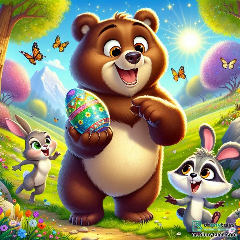 Un gran oso pardo llamado Bruno, con un pelaje suave y ojos chispeantes de curiosidad, se encuentra en el centro de la imagen, sosteniendo un huevo de Pascua colorido y brillante, mostrando una amplia sonrisa de alegría y emoción. A su lado, una pequeña liebre llamada Lila, con grandes orejas y pelaje beige, salta de felicidad, sus ojos desorbitados por el asombro, mientras señala al cielo riendo. Un mapache llamado Tito, con pelaje gris y ojos traviesos, está sentado sobre una piedra, leyendo un viejo pergamino, con aire concentrado e intrigado. El decorado es un hermoso claro primaveral, lleno de flores coloridas, mariposas revoloteando y un gran árbol majestuoso al fondo, cuyas hojas brillan bajo el sol. La situación principal muestra a Bruno y sus amigos descubriendo el valioso huevo de Pascua, rodeados de la magia de la naturaleza, listos para celebrar su aventura juntos.