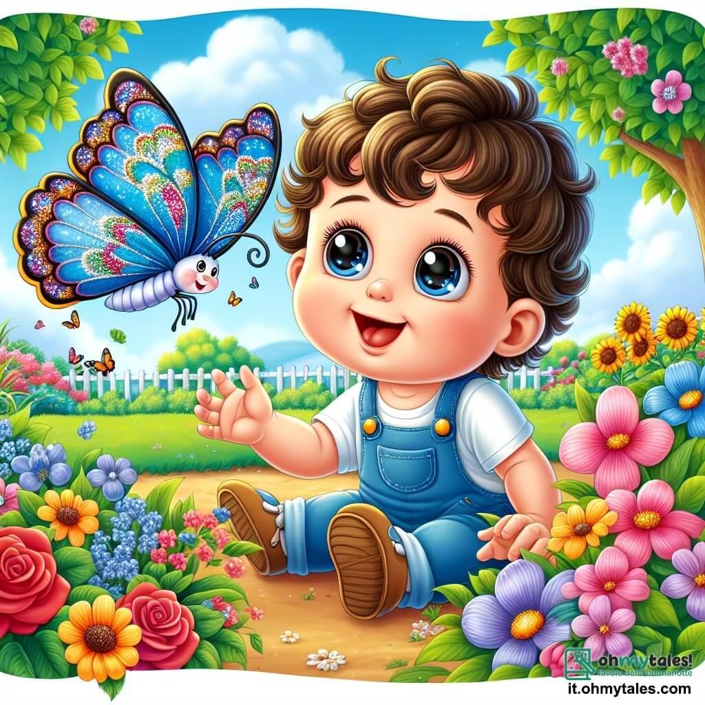 Un bambino di un anno, di nome Luca, con grandi occhi brillanti e capelli castani ricci, è seduto in un giardino colorato. Sorridendo meravigliato, tende la mano verso una bellissima farfalla blu che vola intorno a lui. La farfalla, con ali delicate decorate da motivi scintillanti, sembra danzare nell'aria, aggiungendo un tocco di magia alla scena. Il giardino è pieno di fiori dai colori vivaci: rose rosse, girasoli gialli e violette. Alberi verdi circondano il giardino, e il cielo è di un blu brillante, punteggiato da nuvole bianche e soffici. In questa scena, Luca scopre la bellezza della natura e la magia dell'amicizia, mentre cerca di afferrare la farfalla ridendo gioiosamente.