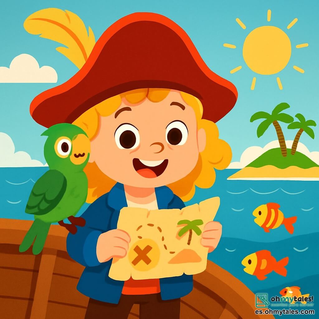 Valentina, una joven pirata de cabello rizado y dorado, lleva un gran sombrero rojo adornado con una pluma. Tiene una sonrisa brillante y ojos chispeantes de emoción, sosteniendo un mapa del tesoro en sus manos. A su lado, Coco, un loro de plumas verdes y amarillas, está posado en su hombro, mirando a su alrededor con curiosidad. El fondo es un hermoso océano azul, con olas brillantes bajo el sol dorado. A lo lejos, se dibuja una isla verde, rodeada de palmeras y arena blanca. Valentina está en la cubierta de su barco de madera, lista para elegir un camino y partir a la aventura. La escena principal muestra a Valentina decidiendo qué camino tomar para encontrar el tesoro, con peces coloridos saltando alegremente alrededor del barco.