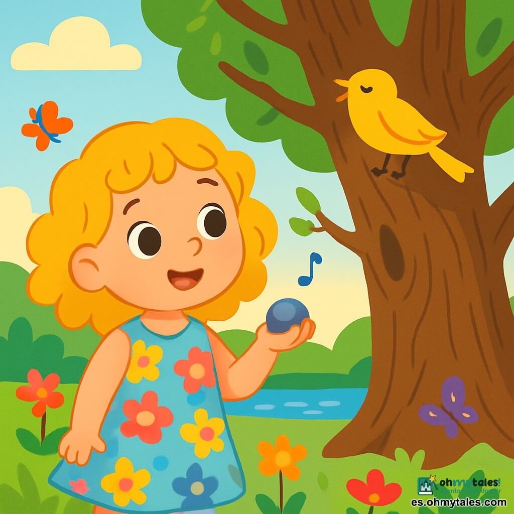 Una niña de 4 años, Luna, con cabello rizado y dorado, y ojos llenos de curiosidad, está en un jardín verde. Lleva un vestido ligero de flores coloridas y sonríe maravillada, sosteniendo una piedra suave y brillante en su mano. Junto a ella, un viejo y majestuoso árbol, con corteza rugosa y ramas extendidas, parece susurrarle secretos. Un pequeño pájaro amarillo, posado en una rama, canta alegremente, sus plumas brillantes contrastan con el verde de las hojas. El jardín está lleno de flores brillantes, mariposas revoloteando y una suave luz dorada filtrándose entre las ramas. Al fondo, un estanque brillante refleja el cielo azul, añadiendo un toque de magia a la escena. Luna, asombrada, le hace una pregunta al árbol, mientras el pajarito canta, creando una atmósfera de descubrimiento y curiosidad.