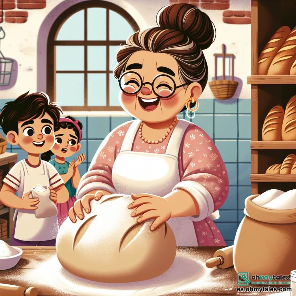 Doña Clara, una mujer de mediana edad con cabello castaño recogido y gafas redondas, sonríe alegremente mientras amasa una gran bola de masa en su panadería. Lleva un delantal blanco manchado de harina y tiene mejillas sonrojadas, lo que refleja su entusiasmo por hacer pan. A su lado, Miguel, un niño de diez años con cabello castaño y ojos brillantes, observa con asombro, sosteniendo un saco de harina en sus manos. Ana, una niña de nueve años con trenzas y un vestido colorido, se encuentra justo detrás de él, impaciente, sosteniendo un pequeño paquete de levadura. La panadería es cálida y acogedora, con paredes de ladrillo rojo, estanterías llenas de panes dorados y ventanas que dejan entrar la luz del sol, llenando el aire con el aroma de pan fresco y dulces. La escena principal muestra a Doña Clara enseñando a los niños cómo hacer pan, con risas y harina volando en el aire, creando una atmósfera alegre y mágica de compartir y aprender.