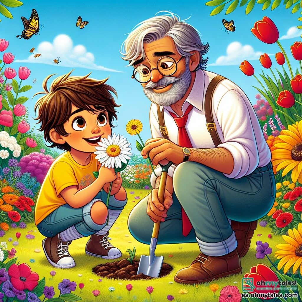 Un niño de 4 años, Miguel, con cabello castaño desordenado y ojos brillantes de curiosidad, está en medio de un jardín colorido, sonriendo. Lleva una camiseta amarilla y un pantalón corto de mezclilla, agachado, oliendo una margarita blanca. A su lado está el vecino, el señor Pérez, un hombre de unos 60 años, con barba gris y gafas redondas, que sonríe sosteniendo una pequeña pala, listo para plantar semillas de girasol. El jardín está lleno de flores vibrantes, tulipanes rojos y violetas, con mariposas volando alrededor y un cielo azul claro de fondo. La escena principal muestra a Miguel descubriendo la magia de la primavera al ayudar al señor Pérez a plantar semillas, rodeado de la belleza de la naturaleza que despierta.