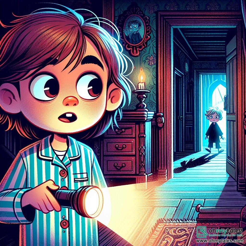 A 10-year-old girl with messy long brown hair and wide eyes filled with fear stands in a dark hallway. She wears a blue and white striped pajama, and her trembling hand holds a small flashlight that timidly lights the path ahead. In the background, a blurry silhouette of a 12-year-old boy with tousled blonde hair and a curious look observes the scene from the shadow of a slightly open door. He seems hesitant yet intrigued by the unfolding adventure. The hallway is old and dusty, with dark wooden walls, cobwebs in the corners, and a worn carpet that creaks under their feet. A flickering candle on an old dresser casts dancing shadows on the walls. The main situation shows the girl cautiously moving forward, heart racing, towards a mysterious door that slowly opens, releasing a chilling breath and a faint sound of footsteps, as if something awaits her on the other side.