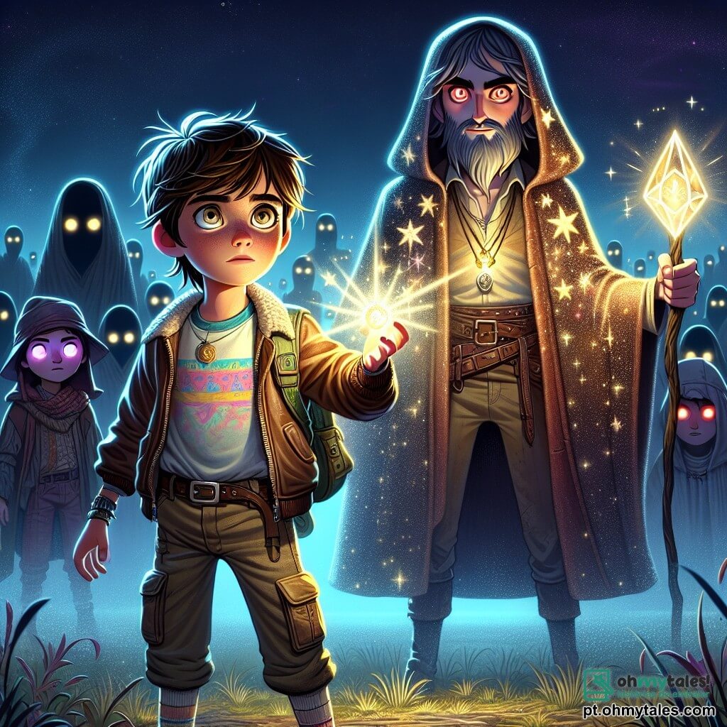 No centro da imagem, um garoto de 12 anos, chamado Theo, com cabelos castanhos bagunçados e olhos brilhantes de curiosidade, está de pé, o rosto iluminado por uma luz mágica que emana de um amuleto em forma de cristal que ele segura na mão. Ele usa uma jaqueta de couro desgastada, uma camiseta colorida e calças de lona, e sua expressão mostra determinação e admiração enquanto se prepara para enfrentar sombras ameaçadoras. À sua direita, Eldorin, uma entidade mágica na forma de um velho sábio, com uma longa barba prateada e olhos brilhantes, flutua levemente acima do chão, vestido com uma robe adornada com padrões estrelados. Ele levanta uma mão para guiar Theo, exibindo uma expressão de orgulho e encorajamento. Ao fundo, Sombros, criaturas escuras com silhuetas borradas e olhos vermelhos brilhantes, se aproximam de Theo, criando uma atmosfera de tensão. O local é uma vasta pradaria mágica, salpicada de máquinas flutuantes e cristais cintilantes, sob um céu estrelado onde constelações brilham intensamente. A situação principal mostra Theo, pronto para defender o mundo mágico e tecnológico, concentrado em seu amuleto que brilha intensamente, enquanto Eldorin o encoraja a acessar seu poder interior para repelir as criaturas das sombras.
