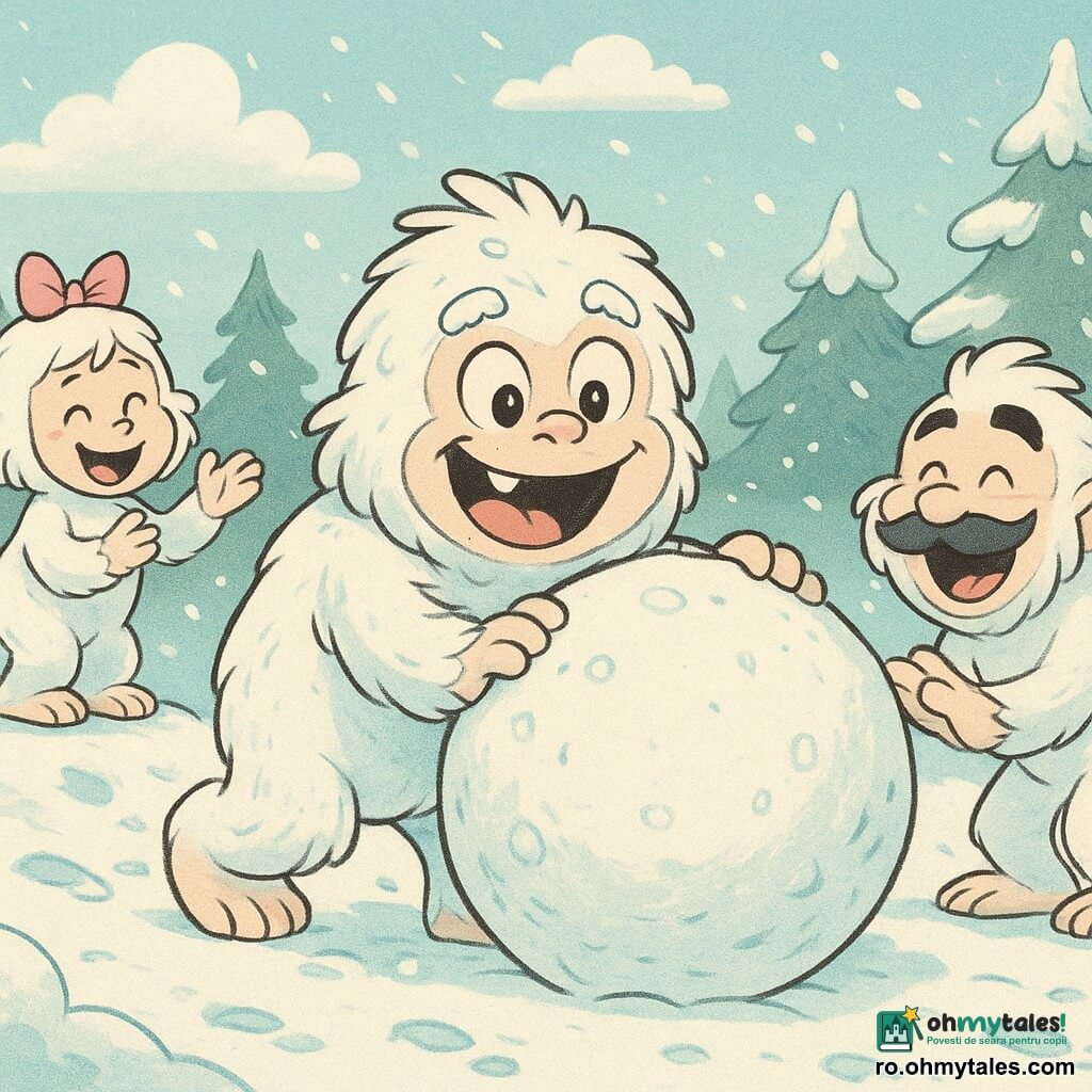 Popi, un yeti vesel și stângaci cu blană albă pufoasă, ochi mari și labe late, împinge o bulgăre uriașă de zăpadă mai mare decât el; Zizi, o femelă yeti cu o fundiță roz, râde de pe o moviliță la stânga, iar Tobi, un yeti moustăcios, stă în dreapta, aplecat și pregătit să prindă bulgărele care se rostogolește pe o poiană înzăpezită înconjurată de pini înghețați, cer pal și nori pufoși — atmosferă caldă, umoristică, culori pastel și expresii exagerate.