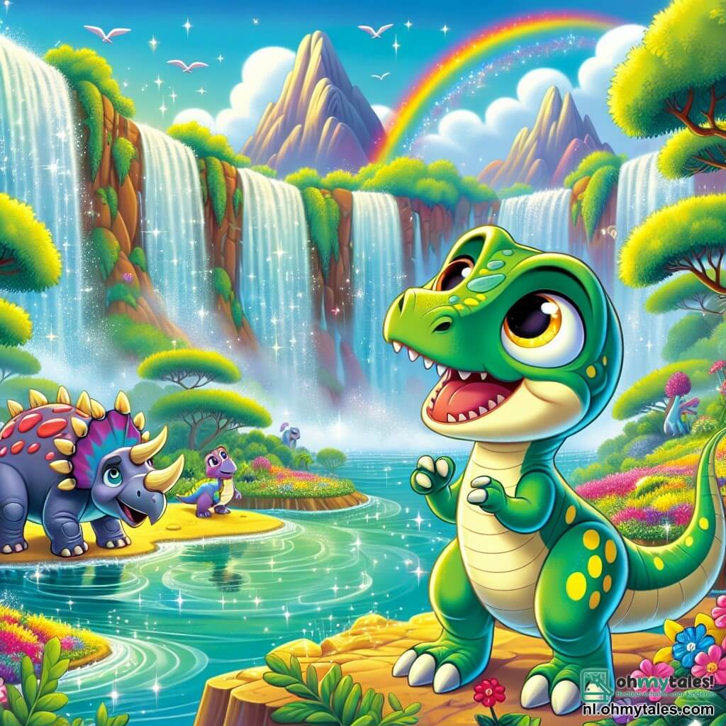 Een velociraptor genaamd Rocco, met een groene huid versierd met gele vlekken, stralende ogen en een blije lach, staat aan de rand van een prachtige waterval, met zijn poten in het glinsterende water, verwonderd door de magie om hem heen. Naast hem kijkt Trixie, een triceratops met grote hoorns en een roze huid, met bewondering naar het spektakel, haar ogen fonkelend van vreugde. Op de achtergrond glimlacht een kleine stegosaurus genaamd Spike, met kleurrijke platen op zijn rug, en wijst naar de kleuren van de waterval. De locatie is een weelderig eiland, omringd door majestueuze bergen, met bomen met schitterende bladeren en kleurrijke bloemen die dansen in de wind. De hoofdscène toont Rocco en zijn vrienden die de magie van de waterval ontdekken, waar het water sprankelende regenbogen creëert, gevuld met verwondering en vriendschap.