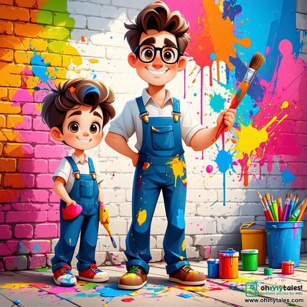 A cheerful man, Mr. Jasper, stands in front of a large brick wall, his eyes sparkling with creativity. He has curly brown hair, wears round glasses, and paint-splattered overalls. He smiles widely while holding a colorful brush, ready to add touches of color to his huge mural. Next to him, a 10-year-old boy, Ben, with messy hair and a striped t-shirt, watches in awe. He holds a small brush in one hand and a paint pot in the other, eager to join the artistic adventure. The setting is Maplewood Park, bathed in golden sunlight, with lush trees and colorful flowers surrounding the wall. Children play in the distance, and adults stroll by, creating a joyful and lively atmosphere. The scene shows Mr. Jasper and Ben painting together, transforming the wall into a vibrant mural featuring a dragon, flowers, and a rainbow, while paint droplets joyfully fall to the ground.