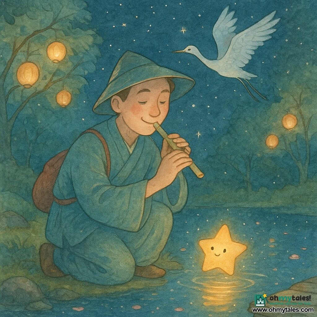 A man named Shen, with a gentle smiling face and sparkling eyes, kneels at the edge of a pond playing a small jade flute with a serene, kind expression as a fallen star, anthropomorphized as a timid golden firefly, trembles and rises from the water; an elegant nacreous crane hovers above the trees at right ready to help, while translucent-leaved lantern-trees line the pond casting warm orange halos, the water mirrors a starry sky dotted with gold and silver points and drifting peach petals, mossy stones and a weathered wooden walkway frame the foreground — the scene shows Shen patiently playing a soft melody to help the star ascend, the rising light contrasting with nocturnal blues and the warm lantern tones; visual style: fine watercolor with white gel-pen star highlights and a soft palette of midnight blues, jade greens, pale gold, and brick red for the character’s pouch.