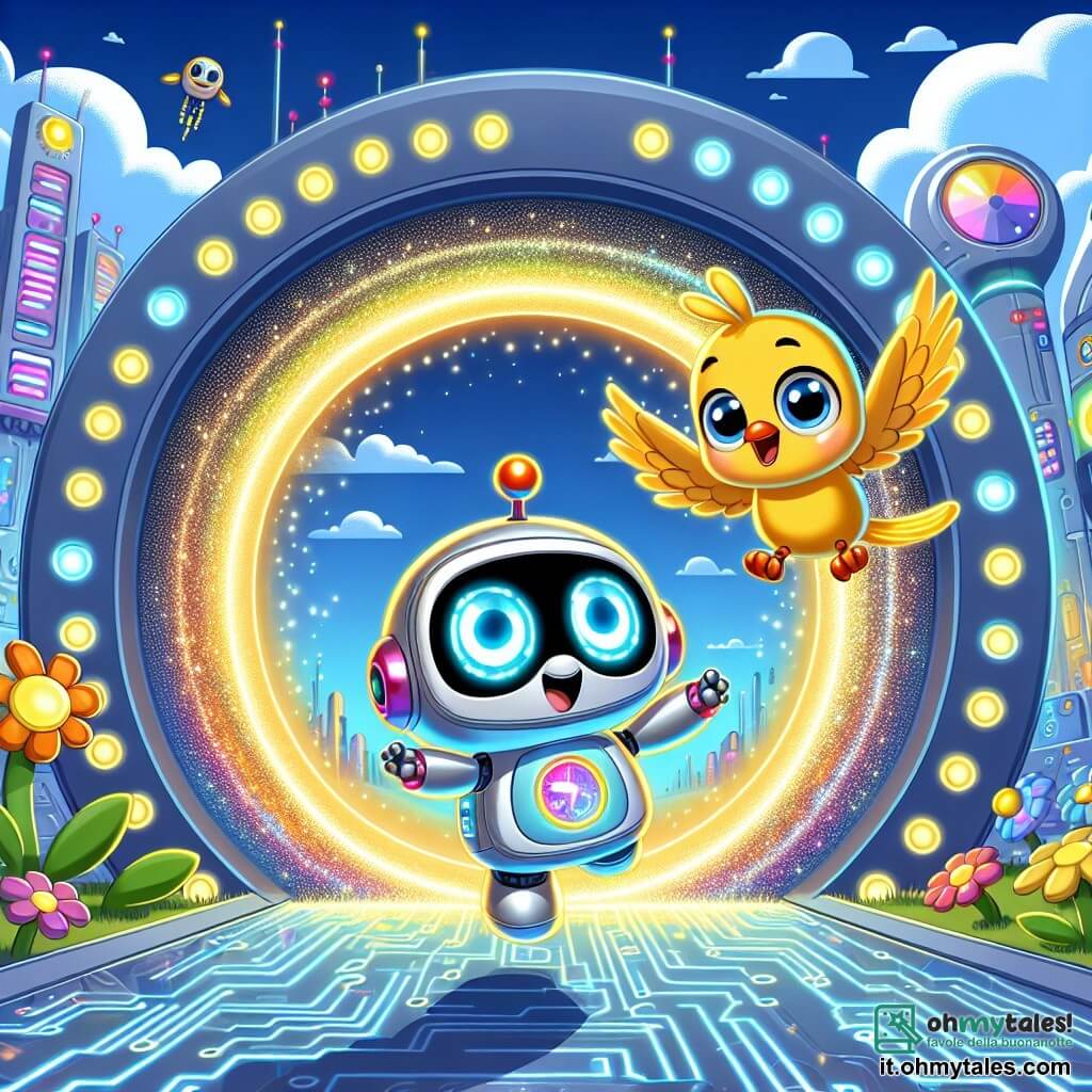 Zippy, un piccolo robot dagli occhi luminosi e dalla pancia colorata, è pieno di curiosità ed eccitazione. Si trova davanti a un grande cerchio luminoso, un portale scintillante che emette bagliori di luce, pronto a saltare dentro per viaggiare nel tempo. Accanto a lui, un uccello giallo, con piume brillanti e un sorriso amichevole, vola gioiosamente nell'aria, sembrando entusiasta e pronto a guidare Zippy in questa incredibile avventura. Lo scenario è un parco futuristico di TecnoVille, dove gli alberi sono fatti di circuiti brillanti e i fiori scintillano di colori vivaci. Il cielo è di un blu splendente, punteggiato da nuvole a forma di circuiti, e edifici metallici si ergono sullo sfondo, illuminati da neon colorati. La scena principale mostra Zippy, con le braccia alzate, pronto a tuffarsi nel portale luminoso, mentre l'uccello lo incoraggia con battiti d'ali gioiosi, simboleggiando l'eccitazione e l'avventura che lo aspettano nel viaggio nel tempo.