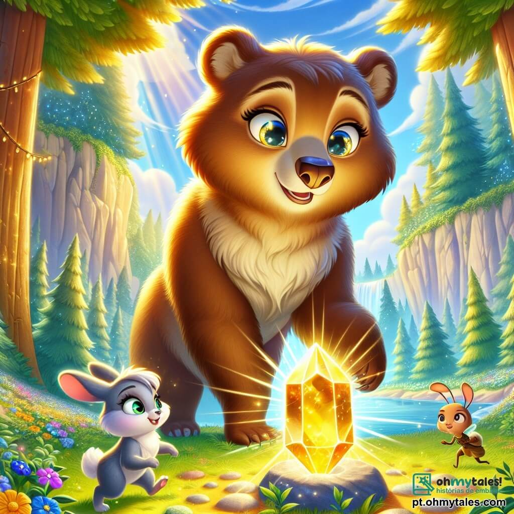 Uma majestosa ursa chamada Aurora, com pelagem marrom dourada e olhos brilhantes como estrelas, está no centro da cena, exibindo uma expressão de determinação e coragem. Ela observa atentamente um cristal resplandecente, a Pedra da Vida, que emite uma suave luz dourada. Ao seu lado, um coelhinho travesso chamado Pip, com grandes orelhas brancas e olhos cintilantes, salta de excitação, suas patas traseiras no ar. Mais perto do chão, uma pequena formiga sábia chamada Lila, com antenas delicadas e um ar concentrado, observa a cena, pronta para dar conselhos. O local é um vale escondido, cercado por árvores majestosas com folhas verdes vibrantes, flores coloridas que dançam ao vento e um céu azul claro que ilumina a paisagem. No centro deste vale, a Pedra da Vida brilha intensamente, cercada por um círculo de flores luminosas. A cena principal mostra Aurora e seus amigos se preparando para restaurar a magia da floresta ao colocar a Pedra da Vida em uma fonte cintilante, enquanto uma brisa leve levanta as folhas ao redor, simbolizando esperança e harmonia restauradas.