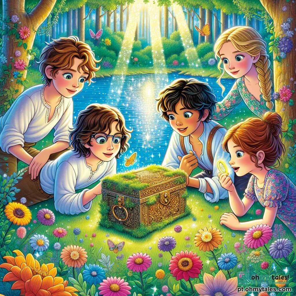 Em uma floresta encantada, quatro amigos estão juntos, cercados por flores coloridas e árvores com folhas brilhantes. Miguel, um garoto de 10 anos com cabelos castanhos e olhos brilhantes, observa maravilhado uma caixa antiga coberta de musgo, segurando uma bússola dourada na mão direita. Lúcio, um garoto de 9 anos com cabelos loiros bagunçados e óculos, se inclina para examinar a caixa, seu rosto marcado pela curiosidade e excitação. Clara, uma menina de 10 anos com cabelos longos e ondulados, vestida com um vestido florido, sorri segurando uma pequena flor luminosa, pronta para compartilhar seu entusiasmo com os amigos. Sofia, uma menina de 9 anos com cabelos curtos e castanhos, observa atentamente seu reflexo em um espelho quebrado, sua expressão séria traindo sua busca pela verdade. A cena acontece à beira de um lago cristalino, onde os raios de sol dançam sobre a água, criando reflexos cintilantes. Os amigos, reunidos em torno da caixa misteriosa, estão prestes a descobrir um globo de cristal que os transportará para uma ilha mágica, onde aprenderão lições valiosas sobre verdade e amizade.