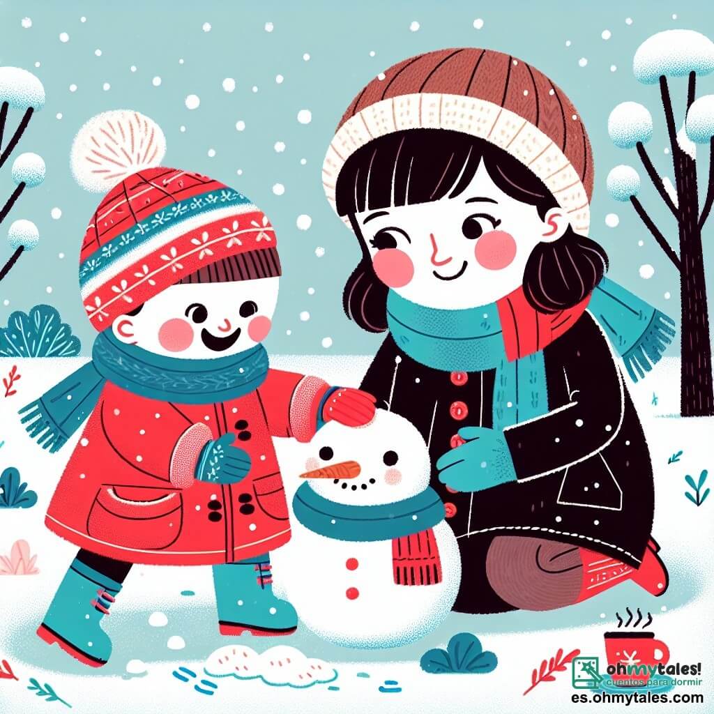 Una niña de 1 año, con una gran sonrisa, lleva un abrigo rojo brillante y botas azules. Sus mejillas están sonrojadas por el frío, y se divierte tocando un muñeco de nieve que acaba de construir, colocándole una bufanda colorida. A su lado, su mamá, una mujer de unos 30 años, tiene un rostro dulce y cálido. Lleva un abrigo negro y un gorro de lana, y sonríe mientras mira a su hija, sosteniendo una taza de chocolate caliente. El escenario es un jardín nevado, con copos de nieve cayendo suavemente del cielo. Árboles con ramas cubiertas de nieve rodean el espacio, y se ven huellas de pequeños animales en el suelo blanco. La situación principal muestra a la niña feliz jugando con el muñeco de nieve, mientras su mamá la observa con ternura, creando una escena invernal llena de felicidad y magia.
