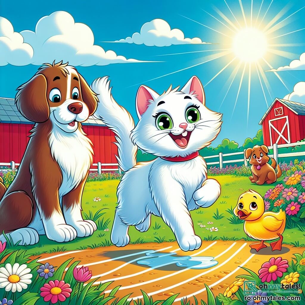 Un pisoi pe nume Miau-Miau, cu o blană albă ca zăpada și ochi verzi strălucitori de năzdrăvănie, sare vesel peste o linie imaginară trasată pe pământ, cu un zâmbet mare pe față. Lângă el, un câine pe nume Bâzâ, mare și puțin stângaci, cu blană brună și urechi lăsate, se uită cu entuziasm, pregătit să participe la cursă. Nu departe, o rață mică pe nume Râcu, cu un penaj galben strălucitor și ochi curioși, se pregătește să se arunce în apă, având un aer hotărât. Scena se desfășoară într-o fermă însorită, înconjurată de câmpuri verzi și flori colorate, cu o grajd roșu în fundal și un cer albastru presărat cu nori albi pufoși. Miau-Miau, Bâzâ și Râcu sunt adunați pentru o competiție de cursă distractivă, pregătiți să pornească cu energie și să împărtășească râsete, în timp ce alte animale îi privesc cu curiozitate și entuziasm.