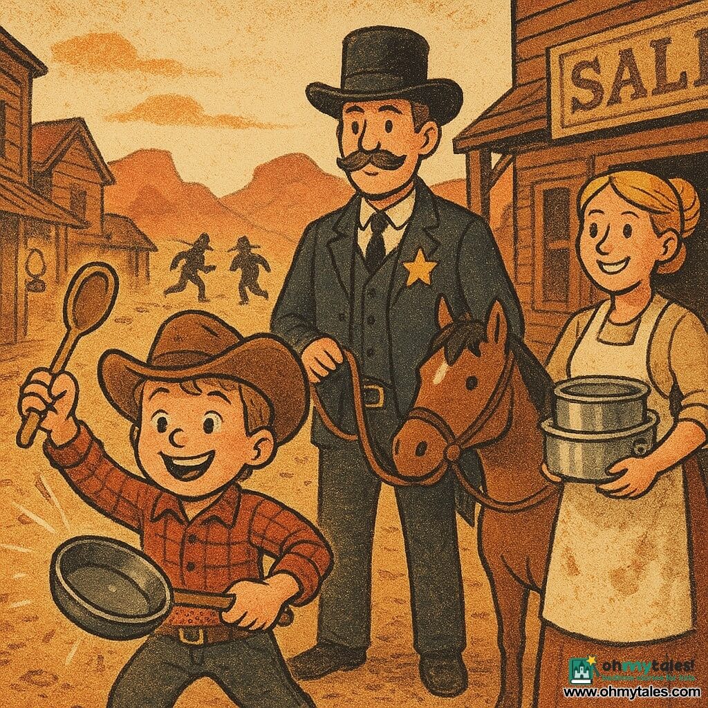 A smiling round-faced boy (about 9–10) with bright blue eyes, a worn cowboy hat, red plaid shirt and dusty boots stands foreground, enthusiastically striking a steel pan with a wooden spoon; behind him a mustached sheriff in a top hat with a shiny star holds a brown horse’s bridle, watching the hills; to their right a smiling cook with blond hair in a bun and a flour-stained white apron holds a box of shiny pans at the saloon door; two dark-outlaw silhouettes flee toward red rocky hills in the dusty main street of a small western town at dusk, oil lamps lit and golden dust flying, warm tones and newspaper-grain texture, a triumphant noisy moment as pots ring to scare off the bandits.