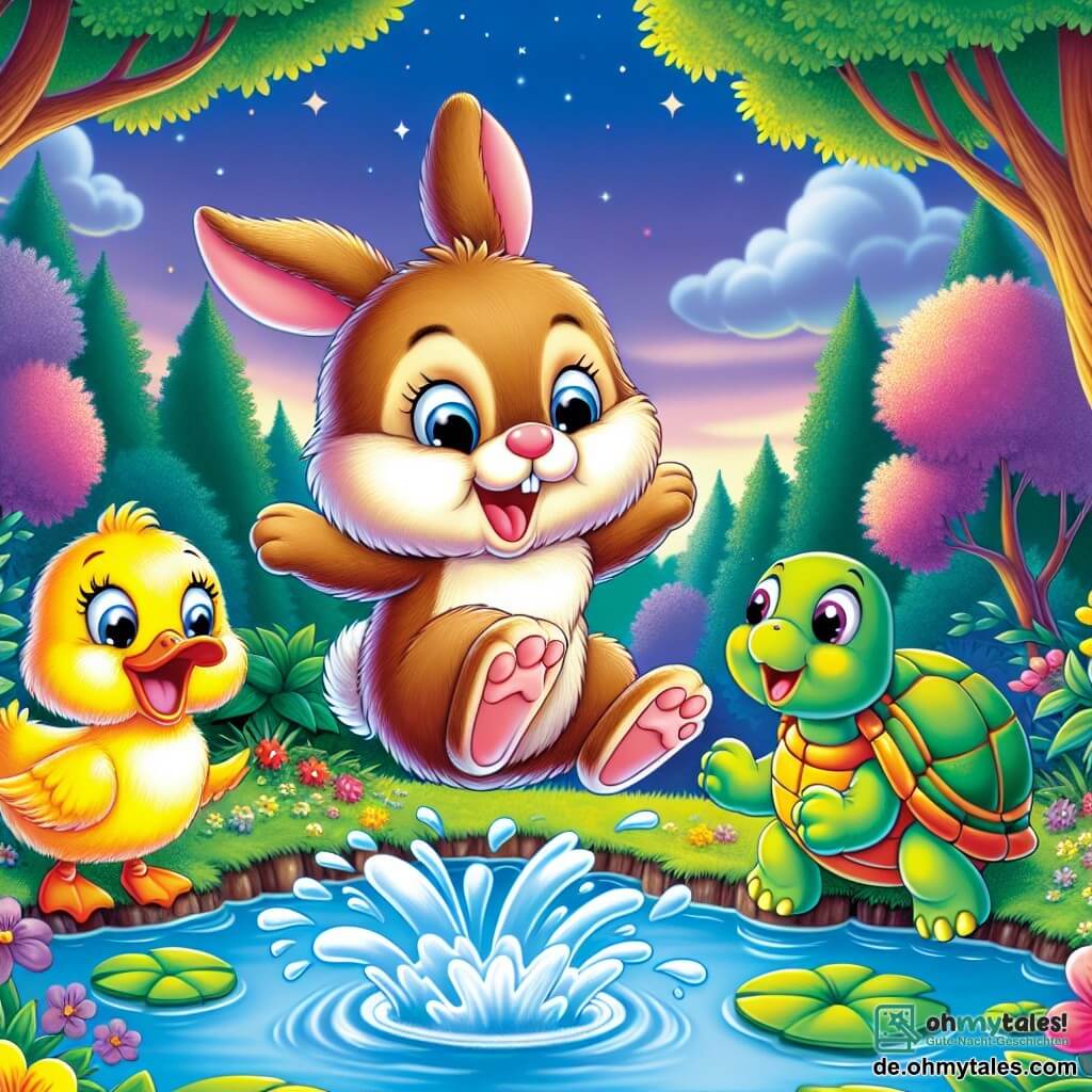 Ein kleiner, flauschiger und fröhlicher Hase namens Hoppel mit großen Ohren und einem weichen, braunen Fell platscht ins Wasser, während sein Gesicht Überraschung und Lachen ausdrückt. Neben ihm steht eine leuchtend gelbe Ente namens Quak am Ufer und lacht herzlich. Nicht weit entfernt beobachtet eine grüne, lächelnde Schildkröte namens Schnapp die Szene mit funkelnden Augen, auf einem Stein sitzend und ihre Vorderbeine zum Zeichen des Amüsements erhoben. Der Ort ist ein friedlicher Teich, umgeben von hohen Bäumen mit strahlend grünen Blättern und bunten Blumen, die das schimmernde Wasser unter dem Dämmerungshimmel säumen. Die Hauptsituation zeigt Hoppel, der ins Wasser fällt und fröhliche Spritzer erzeugt, während seine Freunde um ihn herum lachen und Spaß haben, wodurch ein kleines Missgeschick zu einem Moment des geteilten Glücks wird.