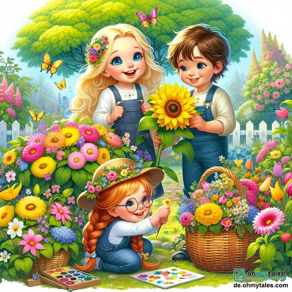 In einem blühenden Garten sind drei Kinder versammelt. Emma, ein 8-jähriges Mädchen mit blonden Haaren und funkelnden Augen, hockt neben einer schönen gelben Blume und bewundert ihre Farbe. Neben ihr hält Tim, ein 7-jähriger Junge mit braunen Haaren und runden Brillen, einen großen Korb voller bunter Blumen und lächelt begeistert. Annika, ein 6-jähriges Mädchen mit roten Haaren und Zöpfen, steht im Hintergrund mit einer Farbpalette und einem Pinsel, bereit, die Schönheit des Frühlings auf Papier festzuhalten. Der Garten ist ein lebendiges Gemälde mit Blumen in allen Farben: rosa Tulpen, gelbe Narzissen und leuchtende Veilchen. Schmetterlinge tanzen in der Luft, und ein großer grüner Baum steht majestätisch mit frischen Blättern. Die Kinder pflücken Blumen, um sie ihrer Mama zu schenken, während sie lachen und über ihre Malprojekte sprechen, um den Frühling zu feiern. Die Atmosphäre ist fröhlich und lebendig, was das Erwachen der Natur nach dem Winter symbolisiert.