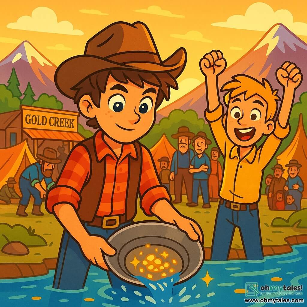 A young cowboy, Jake McCullen, a 12-year-old boy, stands by a sparkling river with tousled brown hair and bright blue eyes sparkling with excitement. He wears a worn cowboy hat, a red plaid shirt, and a leather vest, holding a metal pan in his hands, focused and determined to find gold. Next to him is his best friend Sam, also 12, tall and slim with blonde hair and a mischievous smile, encouraging him with raised arms and an enthusiastic expression. The backdrop is the town of Gold Creek, featuring colorful tents, busy prospectors, and majestic mountains bathed in the golden light of the setting sun. The scene captures the energy of a gold mining competition, with glimmers of golden light in the water and awestruck faces in the crowd. Jake and Sam are at the heart of the action, ready to take on the challenge and discover the treasure hidden in the river.
