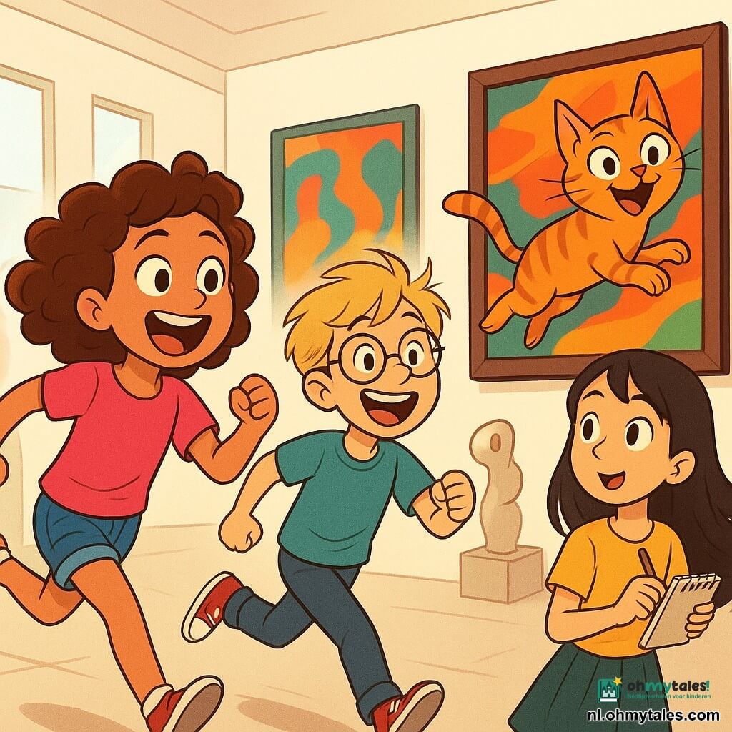 Een 10-jarig meisje, Lotte, met krullend kastanjebruin haar en sprankelende nieuwsgierige ogen, lacht luid terwijl ze achter een ondeugende kat aanrent die net uit een schilderij is gesprongen. Ze draagt een felroze t-shirt en een spijkerbroekshort, en haar gezicht straalt van opwinding. Naast haar probeert Finn, een 10-jarige jongen met ronde bril en wild blond haar, niet te struikelen terwijl hij rent, met een grote glimlach op zijn gezicht. Noor, een 10-jarig meisje met lang zwart haar, houdt een klein schetsboek in één hand en kijkt verwonderd naar de scène, klaar om het moment te tekenen. De locatie is een moderne kunstgalerie, met witte muren versierd met kleurrijke schilderijen die bijna levend lijken, en vreemde sculpturen die de aandacht trekken. Zacht licht valt door grote ramen en creëert een warme en uitnodigende sfeer. De belangrijkste situatie toont Lotte, Finn en Noor die in een hilarische achtervolging zijn na de kat die uit een schilderij is ontsnapt, terwijl gelach door de lucht weerklinkt, wat de geest van avontuur en vriendschap vastlegt.
