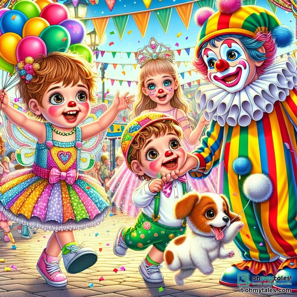 Un bambino di un anno, di nome Leo, con grandi occhi curiosi e capelli ricci castani, indossa un costume colorato da clown con motivi a righe e pompon. Salta di gioia con un grande sorriso, tenendo un palloncino a forma di cagnolino nella mano. Accanto a lui, un clown felice di circa 30 anni, con il viso dipinto di bianco e un naso rosso, indossa un costume vivace. Porge un palloncino a Leo, ridendo e facendo smorfie per divertirlo. Non lontano, una bambina di 6 anni, travestita da fata con ali scintillanti e un vestito rosa, danza graziosamente, sorridendo a Leo. La scena si svolge in una piazza animata, decorata con festoni colorati e coriandoli nell'aria, mentre la gente ride e balla, creando un'atmosfera festosa. Leo, incantato dalla magia del carnevale, è pronto a fare un giro con la fata, circondato da risate e colori vivaci, vivendo un momento di pura felicità.