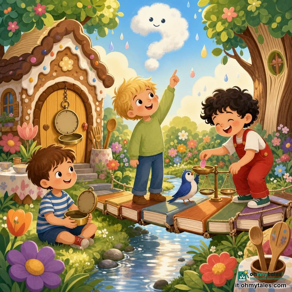 Ci sono 3 bambini: a sinistra un bambino di 5 anni, capelli corti castani, maglietta a righe blu e bianca, sguardo curioso, seduto sull'erba e tiene un vecchio sveglia rotonda senza numeri; al centro un bambino di 5 anni, capelli biondi spettinati, maglione verde chiaro, in piedi su un ponte fatto di tavole-libro, indica una nuvola a forma di punto interrogativo guardando il cielo con un piccolo sorriso; a destra un bambino di 5 anni, capelli neri ricci, salopette rossa, ride mentre posa un petalo su una piccola bilancia tenuta da un uccello su una tavola del ponte. Luogo: giardino magico diurno, erba verde luminosa, fiori colorati stilizzati, alberi con tronchi a trama di pagine, piccolo ponte di tavole-libro sospeso su un ruscello dai riflessi blu e argentati, casetta di pan di zenzero con una porta su cui è appesa la sveglia senza numeri. Situazione: i tre bambini sono riuniti vicino al ponte e alla casetta: quello a sinistra mostra la sveglia aperta, il centrale sogna guardando una nuvola di piccole domande bianche e rotonde, quello a destra deposita un petalo sulla bilancia tenuta dall'uccello; atmosfera dolce, calorosa e giocosa con piccoli dettagli ludici.