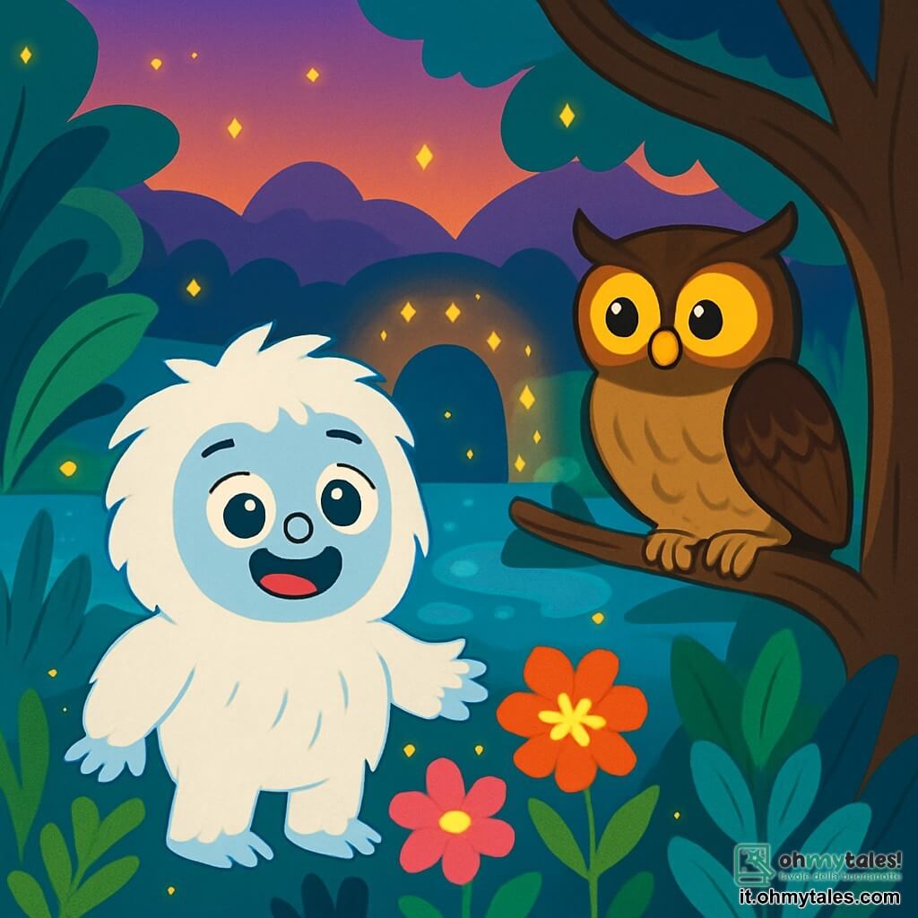 Un piccolo yeti di nome Nino, con un pelo bianco e soffice, occhi brillanti e curiosi, si trova al centro della scena, mostrando un grande sorriso di meraviglia. È circondato da fiori colorati che brillano. Alla sua destra, un vecchio gufo saggio di nome Gufi, con grandi piume marroni e occhi dorati, guarda Nino con benevolenza, seduto su un ramo. Il luogo è un magnifico pantano magico, pieno di piante lussureggianti dai colori vivaci, fiumi scintillanti e lucciole che danzano nell'aria crepuscolare. Nino e Gufi scoprono un passaggio segreto illuminato da stelle scintillanti, simbolo dell'amore e dell'amicizia che uniscono i due regni.