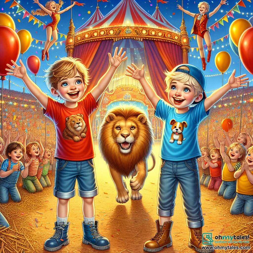 Two boys, Jack and Leo, aged 8, stand at the center of the scene. Jack, with messy brown hair and a red t-shirt, is smiling widely while holding a dog-shaped balloon. To his right, Leo, with blonde hair and wearing a blue cap, raises his arms enthusiastically, also holding a dog-shaped balloon. Their environment is a large circus tent filled with bright colors and sparkling lights. The ground is covered with straw and confetti, while in the background, acrobats fly through the air and funny clowns dance, creating a joyful and festive atmosphere. The main scene shows Jack and Leo, amazed, applauding with bright smiles as a majestic lion with a golden mane jumps through a large colorful ring, under the astonished gaze of the audience.