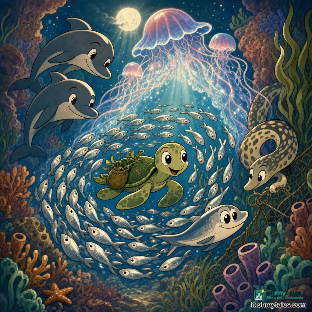 Giovane tartaruga marina curiosa, espressione meravigliata e serena, carapace verde con alghe e piccole graffiature, grandi occhi lucenti, piccola sacca di alghe sul dorso, nuota dolcemente al centro di un banco di sardine argentate; una sardina guida scintillante forma una curva protettiva davanti a lei; due delfini amici sullo sfondo sinistro, silhouette lisce e sorridenti, maliziose ma protettive; medusa luminosa con velo traslucido rosa e blu e tentacoli che creano un tunnel di luce sopra la scena; murena amica Sara, corpo allungato maculato, espressione concentrata ma dolce, vicino a un tendaggio di alghe mentre libera una vecchia corda di rete; luogo: canyon sottomarino con pareti di corallo arancio, porpora e turchese, alghe ondeggianti, plancton scintillante e raggi lunari filtrati; situazione: la tartaruga scivola in un vortice a spirale di sardine, atmosfera magica e pacifica, composizione centrata sulla tartaruga con alone di pesci, toni morbidi e contrasti argentati.