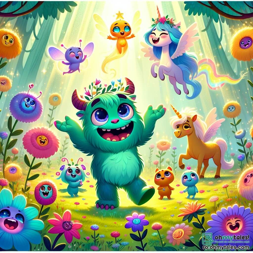 Momo, monstrul blând, este o ființă adorabilă cu blană verde smarald, ochi strălucitori ca stelele și un zâmbet larg care exprimă bucuria sa. El dansează în mijlocul unui câmp de flori colorate, cu brațele deschise, plin de entuziasm și fericire. Lângă el, Luma, spiridușul luminii, este o mică ființă strălucitoare, plutind în aer cu o strălucire aurie, aripile ei sclipind ca fluturii. Ea zâmbește uitându-se la Momo, pregătită să-l încurajeze în dansul său. Aurelia, unicornul, este un cal măreț cu o coamă aurie și un corn strălucitor, stând în apropiere, observând cu bunăvoință, pregătită să se alăture petrecerii. Decorul este un tărâm magic, plin de flori cântătoare în culori vii, copaci mari cu ramuri dansatoare și o lumină blândă care filtrează prin frunze, creând o atmosferă feerică. Situația principală arată cum Momo și prietenii săi sărbătoresc prietenia lor, dansând și râzând împreună, înconjurați de magia lumii lor încântătoare.