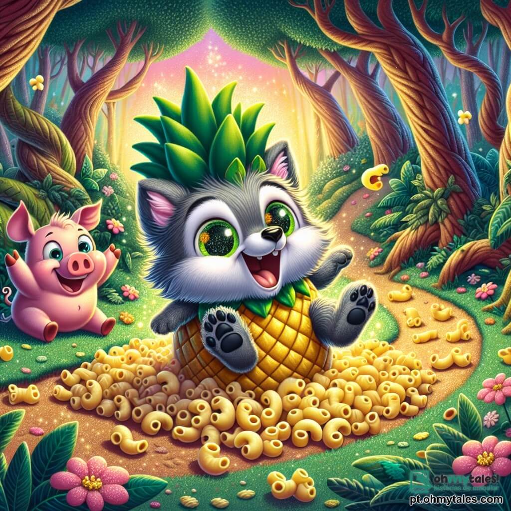 Um pequeno lobo chamado Lobo Ligeiro, com pelagem cinza brilhante e olhos amarelos cintilantes de travessura, está no centro da cena, rindo alto enquanto se transforma em um abacaxi engraçado, com folhas verdes saindo de sua cabeça. À sua direita, um travesso porquinho rosa, chamado Curioso, com olhos redondos e curiosos, observa a cena com um sorriso divertido, suas pequenas patas levantadas como se estivesse pronto para pular de alegria. O cenário é uma floresta encantada, cheia de cores vibrantes, com árvores de troncos tortos e flores de pétalas cintilantes, banhadas por uma suave luz dourada que filtra através da folhagem. A situação principal mostra Lobo Ligeiro, transformado em abacaxi, rolando alegremente por um caminho de macarrão, enquanto Curioso ri, cercado por risadas de outros animais da floresta que observam a cena com admiração.