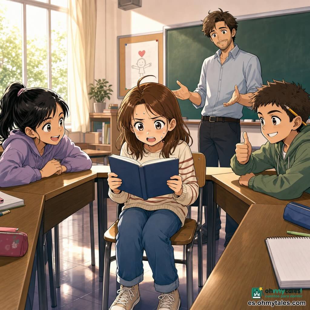 Una niña de 12 años, Lara, rostro redondo, cabello castaño medio con un mechón rebelde, ojos grandes y brillantes, expresión temblorosa pero resuelta; está sentada en una silla en el centro de una U de mesas, sosteniendo un libro abierto con los dedos algo tensos y leyendo en voz alta. A la izquierda, en primera fila, Inés, también de 12 años, con coleta negra, sonrisa traviesa y ojos vivaces, se inclina hacia Lara para darle ánimo. A la derecha, Saúl, 12 años, pelo corto y un lápiz detrás de la oreja, apoya el pulgar en alto con mirada alentadora. El profesor Mario, treintañero con barba ligera y camisa sencilla, está de pie junto a la pizarra, manos abiertas y mirada benigna. La clase es luminosa en forma de U, mesas y sillas de madera clara, pizarra con una hoja pegada y una gran ventana que deja entrar luz blanca suave; la escena es cálida e íntima, los compañeros escuchan en silencio respetuoso y el estilo recuerda rasgos de manga expresivos (ligera sudoración, destellos en los ojos, fondo difuminado para centrar la atención).
