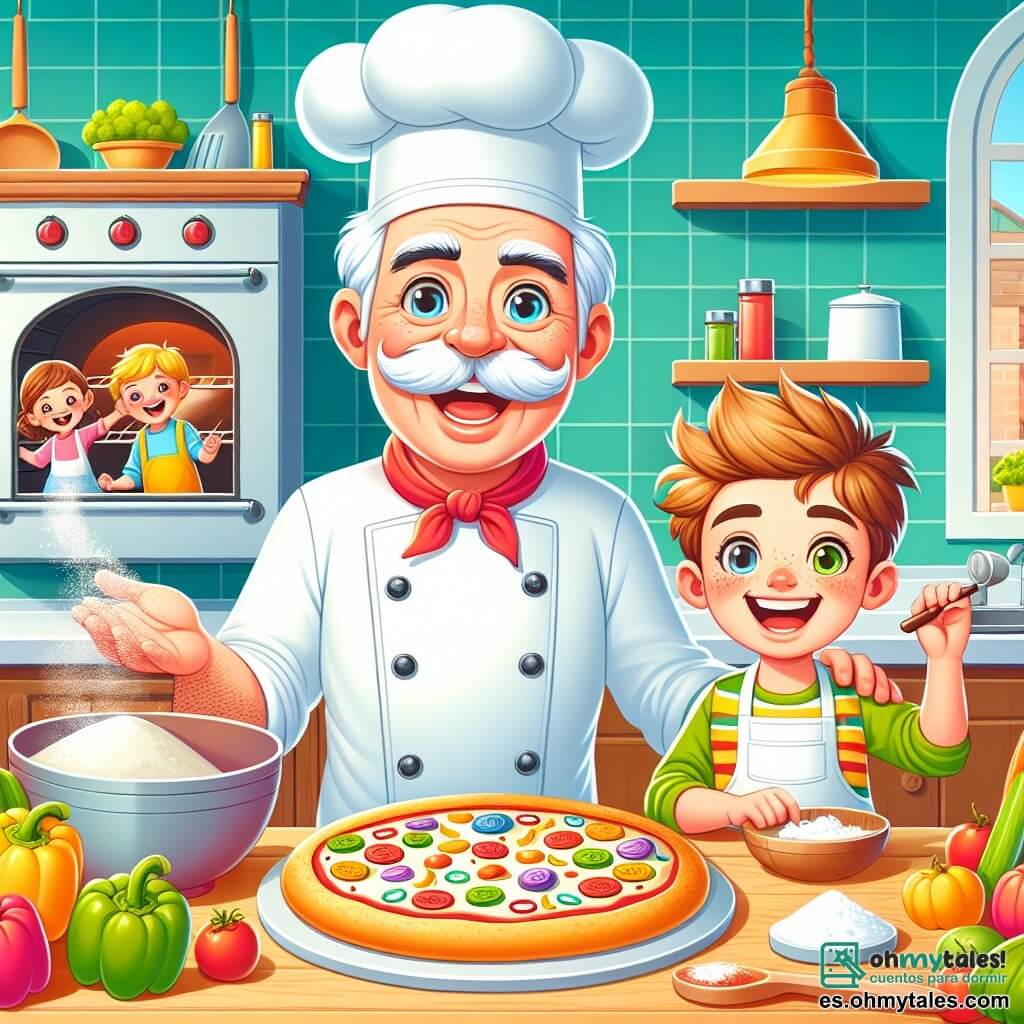 Un chef de cocina alegre, un hombre de unos cincuenta años con un gran bigote blanco y un alto sombrero de chef, sonríe entusiasmado mientras muestra una pizza colorida. Lleva una chaqueta de cocina blanca y un delantal rojo, con los ojos brillando de felicidad. A su lado, Lucas, un niño de siete años con el cabello castaño desordenado, está espolvoreando harina sobre una mesa de madera. Tiene una gran sonrisa en su rostro, con las mejillas sonrojadas por la emoción. La escena se desarrolla en una cocina luminosa y acogedora, llena de utensilios de cocina coloridos, verduras frescas en la encimera y un horno al fondo, donde una deliciosa pizza se está cocinando. Los niños bailan alegremente alrededor de la mesa, riendo y cantando, mientras esperan ansiosos que sus creaciones culinarias estén listas para ser degustadas.