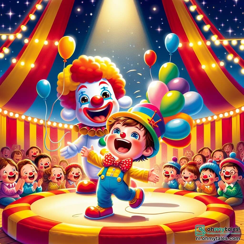 Een jongetje van 3 jaar, Sam, met rommelig bruin haar en sprankelende ogen van blijdschap, draagt een grote kleurrijke clownskap. Hij springt van blijdschap met een grote glimlach op zijn gezicht, terwijl hij een ballonnenhond in zijn hand houdt. Naast hem staat Bobo, een vrolijke clown van ongeveer 30 jaar, met een wit geschilderd gezicht, een stralende rode neus en een enorme paar kleurrijke schoenen. Bobo maakt een komische bek, wat Sam nog meer aan het lachen maakt. De scène speelt zich af in een grote circustent, versierd met rode en gele strepen, met fonkelende lichten die de ruimte verlichten. Verwonderde toeschouwers staan om hen heen, applaudisserend en lachend, terwijl ballonnen in de lucht zweven. De hoofdactie toont Sam en Bobo die op een groot zacht kussen springen, omringd door lachen en applaus, wat de vrolijke en magische geest van het circus vastlegt.