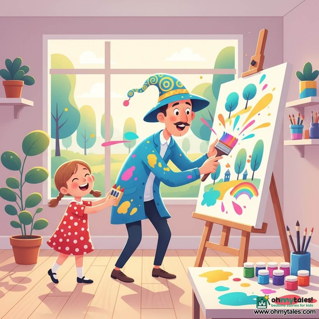A smiling man called Mr. Color, wearing a wide soft hat painted with yellow and blue swirls, a thin mustache and a blue paint-stained jacket, leans toward a large blank canvas with a big colorful brush while a laughing 6-year-old girl with brown pigtails and a red polka-dot dress offers him a box of crayons; no other children are present. They paint a joyful canvas together in a small bright studio with a large window overlooking a park, potted plants and jars of paint, turquoise, pink and yellow splatters around them, warm sunlight enhancing a gentle, creative, lively atmosphere.