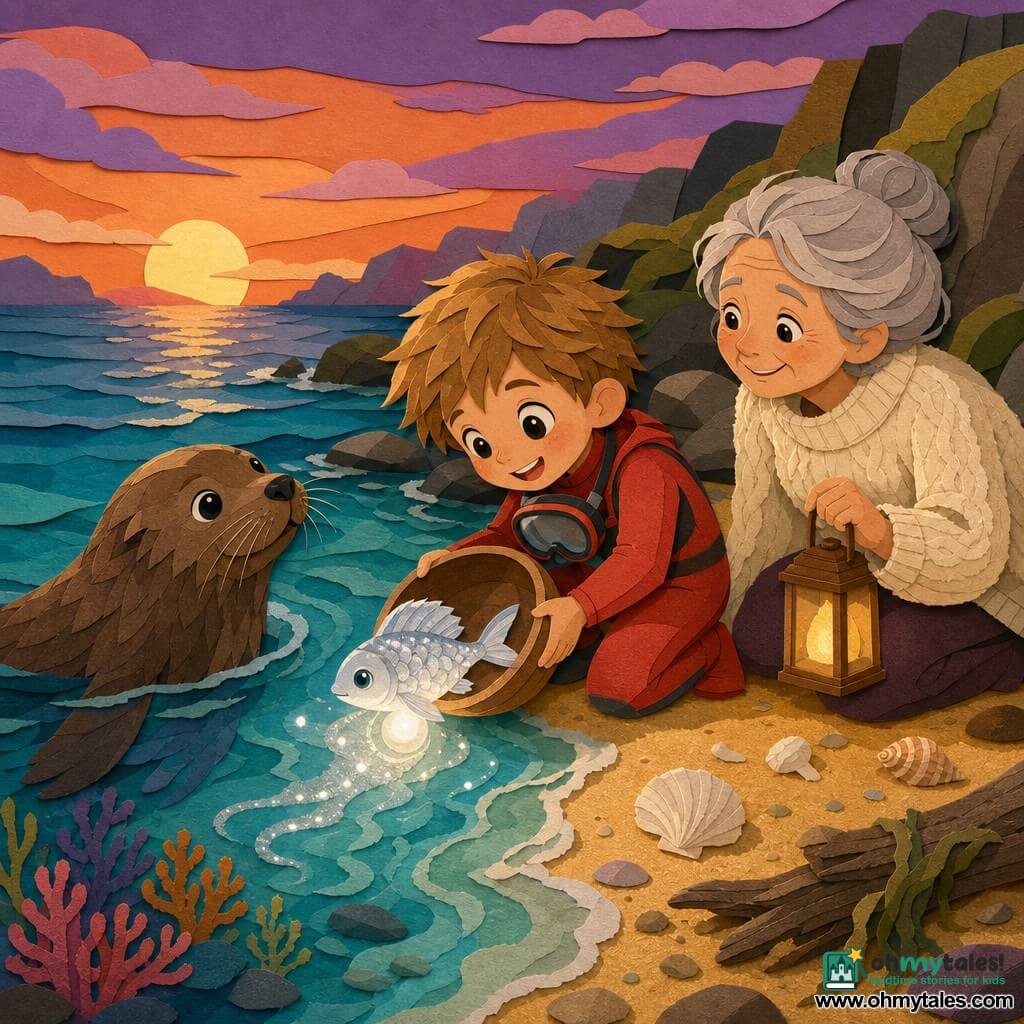 A joyful, wide-eyed 6-year-old boy with tousled light brown hair, wearing a small red wetsuit and fabric mask, gently holds a wooden bowl containing a small silvery messenger fish with luminous scales and a glowing pearl under its fin; his grandmother, about 60, with a kind, lined face and gray hair in a bun, kneels behind him on the sand in a cream wool sweater, holding a small wooden lantern and watching proudly; a friendly older brown seal floats at the wave edge to the left, seeming to guide and protect them; at dusk on a golden sandy beach with smooth rocks, green seaweed, translucent turquoise shallow water revealing colorful corals, an orange-purple sky and scattered driftwood and shells, they release the fish back to the sea, the pearl ready to be returned to the depths, in a soft, luminous, comforting scene with simple composition, bold color contrasts and paper-like textures.