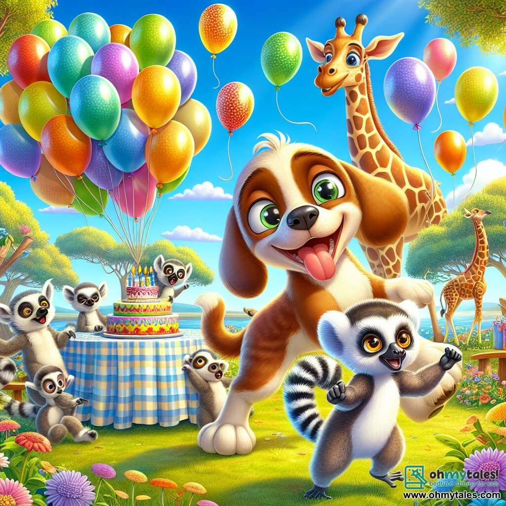A mischievous dog named Benny, with brown fur and white spots, stands joyfully at the center of the scene, his tail wagging and his eyes sparkling with mischief. Next to him, a small lemur named Lily, with big round eyes and striped fur, dances around colorful balloons, her bright smile lighting up her face. In the background, a majestic giraffe named George, with his long neck and golden spots, watches the scene with an amused expression, ready to look after his friends. The setting is a green field dotted with vibrant flowers under a clear blue sky, with a large tree in the center, decorated with floating balloons. The main situation shows Benny and his friends preparing a surprise party for the old turtle Terry, with a colorful cake on a checkered tablecloth, as the sun begins to rise, illuminating their joyful celebration.