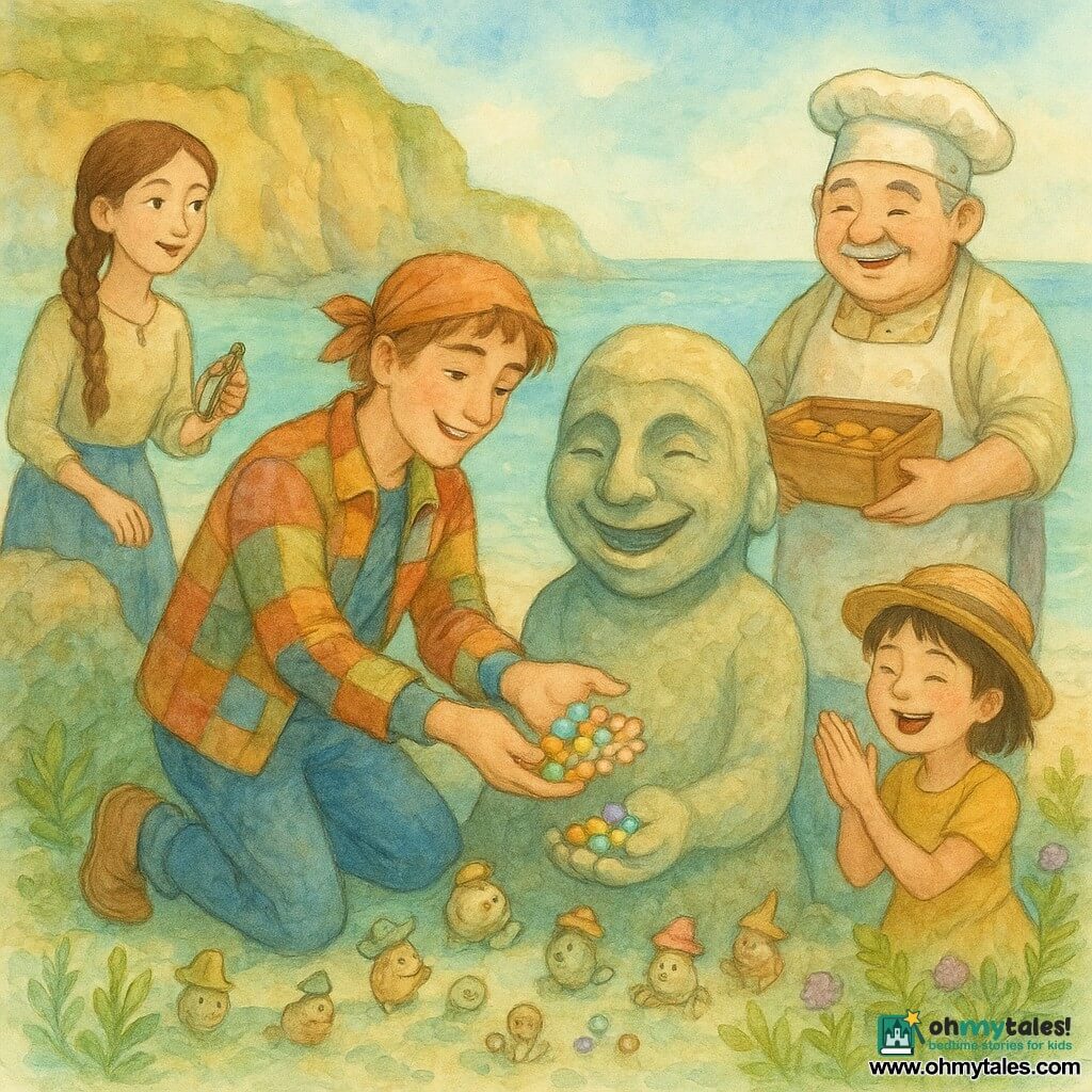 A smiling, focused young man with light brown hair in a bandana and a colorful patchwork jacket kneels on pale blue sand, pouring small luminous multicolored pebbles into the hollow hand of a large laughing stone statue; slightly behind him to the left on a rock stands a young woman with a long braided lock holding a compass and watching admiringly; to the right near the shore a round older man in a stained apron and chef's hat gently laughs while holding an open cookie tin; a lively girl with short hair and a woven hat jumps and applauds near small marine creatures beside the young man; around them tiny shell-creatures with miniature hats emerge from ferns, offering pearls and singing in a circle around the statue; the intimate bay has blue-green glowing sand, feather-like seaweed, flowers that seem to applaud, cliffs carpeted in golden moss and water sparkling like glitter, all rendered in soft luminous watercolor; the main moment is warm and heroic as the young captain carefully returns the bright pebbles to the statue's hand, lighting the bay and causing plants and creatures to smile, joyful magical mood, centered composition in a palette of blues, greens and touches of gold.