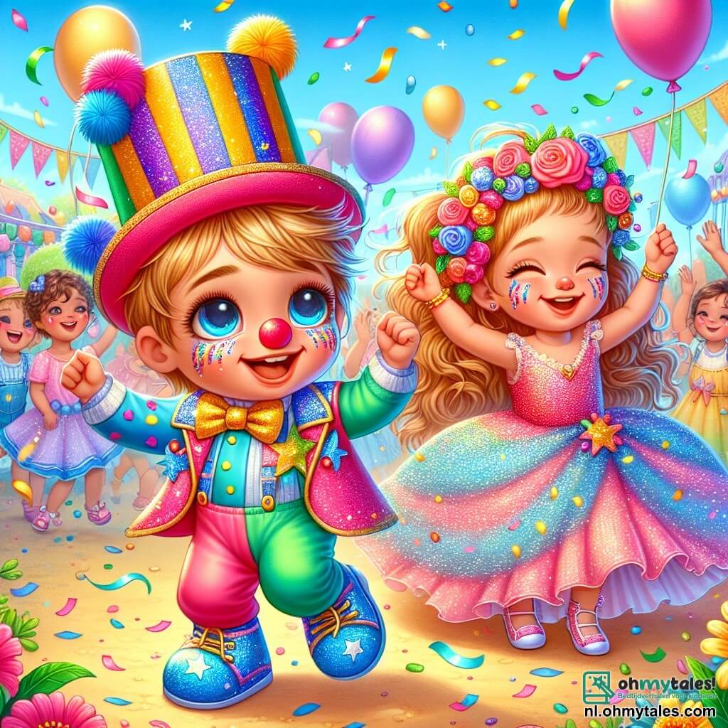 Een jongetje van 2 jaar, Tim, staat in het midden van de afbeelding. Hij heeft grote, glanzende ogen en een brede glimlach, gekleed in een kleurrijk clownspak met sterren en glitters. Hij danst vrolijk met zijn armen omhoog, omringd door vallende confetti. Aan zijn rechterkant staat een meisje van 4 jaar in een prachtige roze glitterjurk, die lachend met hem danst. Ze heeft lange, krullende haren en houdt een grote papieren ster vast. De achtergrond is een kleurrijk park met ballonnen die in de blauwe lucht zweven, bloemenlianen aan de bomen, en mensen die dansen en lachen op de achtergrond. Tim en het meisje dansen samen in de feestelijke sfeer van het carnaval, omringd door vrienden die zich bij hen voegen om te vieren en plezier te maken.