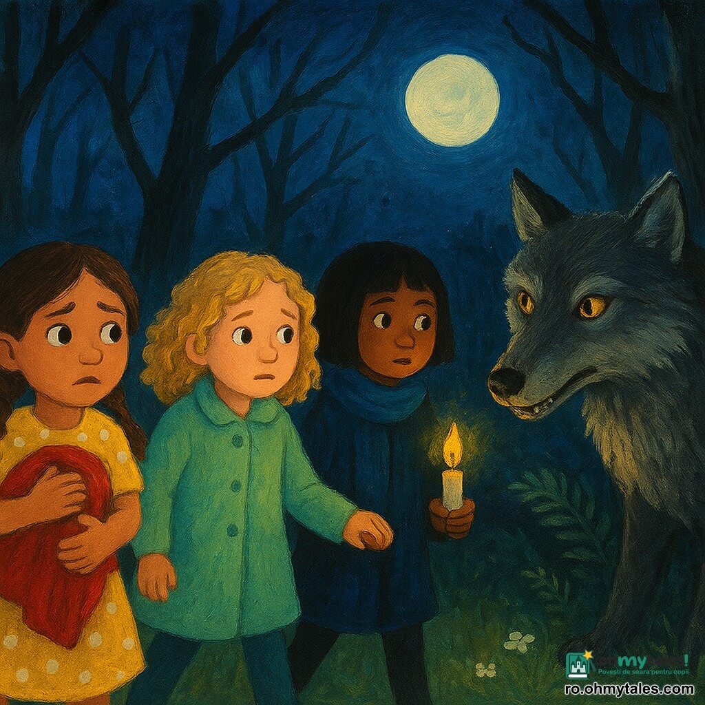 Sunt trei fete de 6 ani — Ana cu părul brun împletit, rochie galbenă cu buline albe, ține o pătură roșie; Mira, părul blond buclat, palton verde deschis, ține mâna Anei; Daria, păr negru bob, eșarfă albastră, ține o lumânare într-un suport de sticlă care le luminează fețele — ele traversează o poieniță la marginea unei păduri dense noaptea, cu copaci înalți și un cer albastru închis cu lună palidă; întâlnesc un lup mare, blană gri închis cu dungi albe, ochi galbeni sclipitori, bot ascuțit și dinți vizibili dar nu agresiv, care stă printre ferigi și le privește curios în timp ce lumânarea pâlpâie și aruncă umbre.