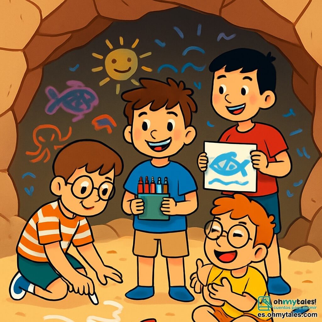 Hay 4 niños: - Mario: Un niño de 10 años, con cabello castaño desordenado y ojos llenos de curiosidad. Lleva una camiseta azul y un short beige, y sostiene una caja de crayones. Está en el centro, sonriendo, rodeado de sus amigos. - Tomás: Un niño de 11 años, con gafas redondas y cabello castaño. Lleva una camisa a rayas y un short verde. Está a la izquierda de Mario, dibujando en el suelo con una tiza. - Lucas: Un niño de 10 años, alto y delgado, con cabello negro y pecas. Lleva una camiseta roja y un short azul. Está a la derecha de Mario, mostrando un dibujo de un pez a sus amigos. - Adrián: Un niño de 9 años, pequeño y animado, con cabello rojo y gafas. Lleva una camiseta amarilla y un short naranja. Está sentado en el suelo, frente a Mario, riendo y sosteniendo una concha en sus manos. La escena principal ocurre en una pequeña cueva secreta, oculta detrás de rocas. Las paredes de la cueva están cubiertas de dibujos coloridos hechos con tiza, representando animales marinos, soles sonrientes y olas. La luz del sol se filtra a través de una grieta, creando un juego de sombras y luces en el suelo de arena. Los niños están dibujando juntos en la cueva, riendo y compartiendo ideas para crear obras de arte coloridas, rodeados de sus creaciones y con sonrisas radiantes, capturando el espíritu alegre del verano y la amistad.