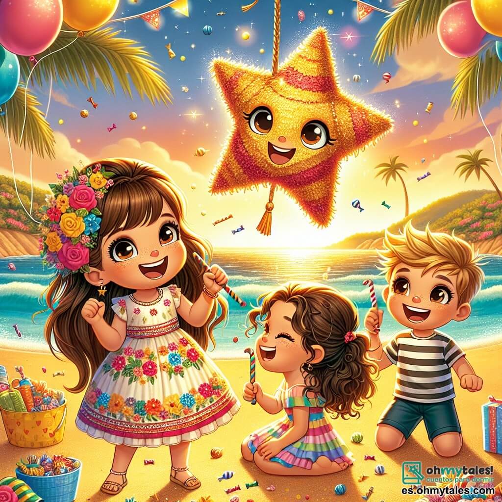 Una niña de 8 años, Valentina, con largos cabellos castaños y ojos brillantes de alegría, lleva un vestido colorido adornado con flores. Está sentada en la arena dorada de la playa, rodeada de sus amigos, con una gran sonrisa iluminando su rostro mientras mira una piñata en forma de estrella brillante. A su lado, Leo, un niño de 7 años con cabello rubio alborotado y una camiseta a rayas, ríe levantando los brazos, listo para golpear la piñata. Un poco más lejos, Sofía, una niña de 6 años con cabello rizado y vestido rosa, recoge dulces que caen del cielo, su rostro radiante de emoción. El escenario es una playa soleada, con palmeras danzantes y un océano brillante bajo el sol poniente, creando una atmósfera mágica y festiva. La escena principal muestra a Valentina y sus amigos en plena fiesta de cumpleaños, riendo y divirtiéndose mientras se preparan para romper la piñata, rodeados de globos coloridos y golosinas esparcidas sobre la arena.