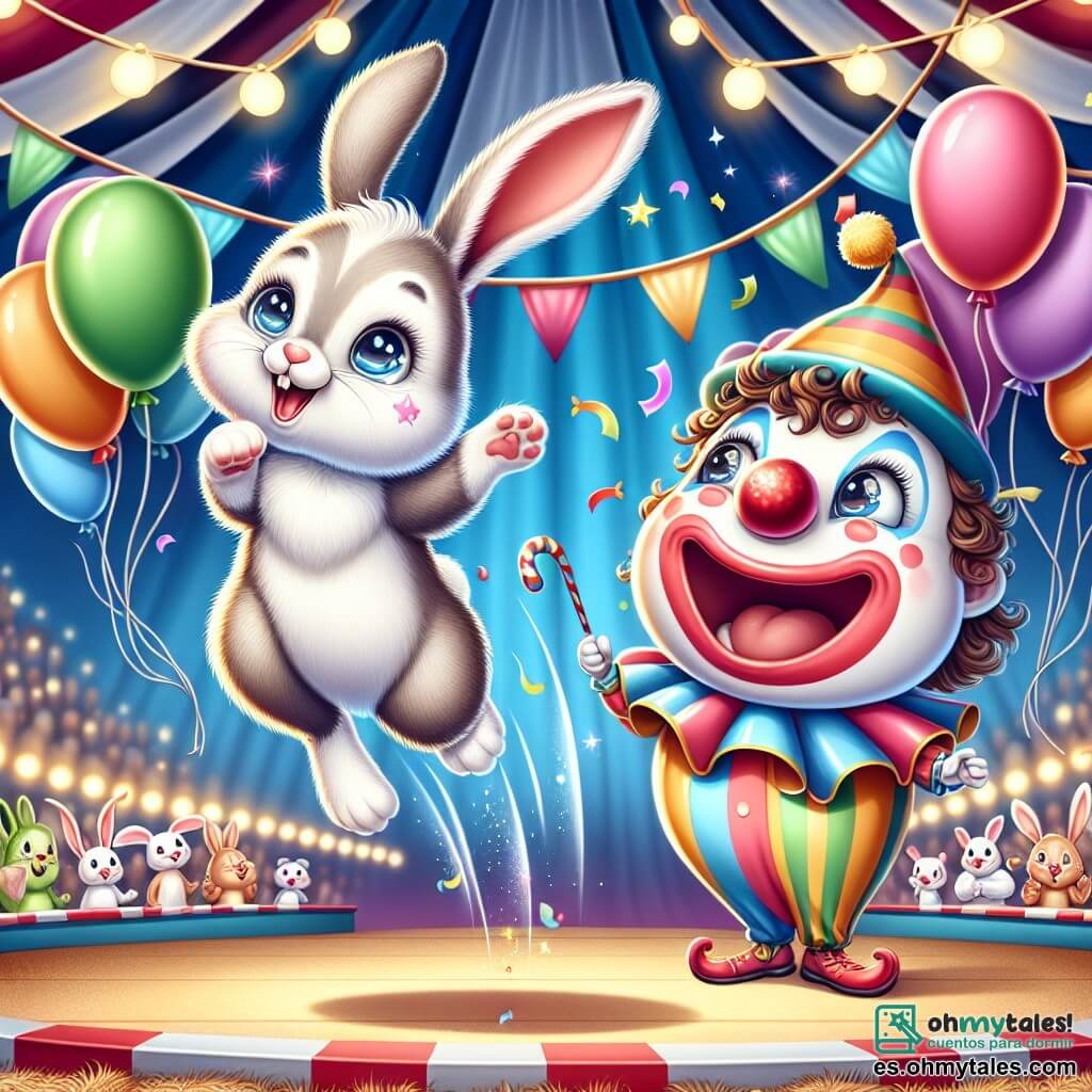 Un pequeño conejo de grandes orejas, con un pelaje suave y sedoso, está en pleno salto, con los ojos brillantes de emoción y una gran sonrisa en su rostro. Está rodeado de globos coloridos que flotan a su alrededor mientras realiza una pirueta en el aire. Junto a él, un alegre payaso con nariz roja y cabello rizado, vestido con un traje multicolor, ríe a carcajadas lanzando confeti, con los ojos chispeantes de picardía. Se encuentra al borde del escenario, listo para animar al conejo. La escena transcurre bajo una gran carpa de circo, con luces brillantes y banderines coloridos que flotan en el aire. El suelo está cubierto de paja y alfombras a rayas, y el público, compuesto por animales de todo tipo, aplaude con entusiasmo. El pequeño conejo se lanza al aire, realizando un salto espectacular, mientras el payaso lo anima con gestos exagerados, creando una atmósfera de alegría y magia en el circo.
