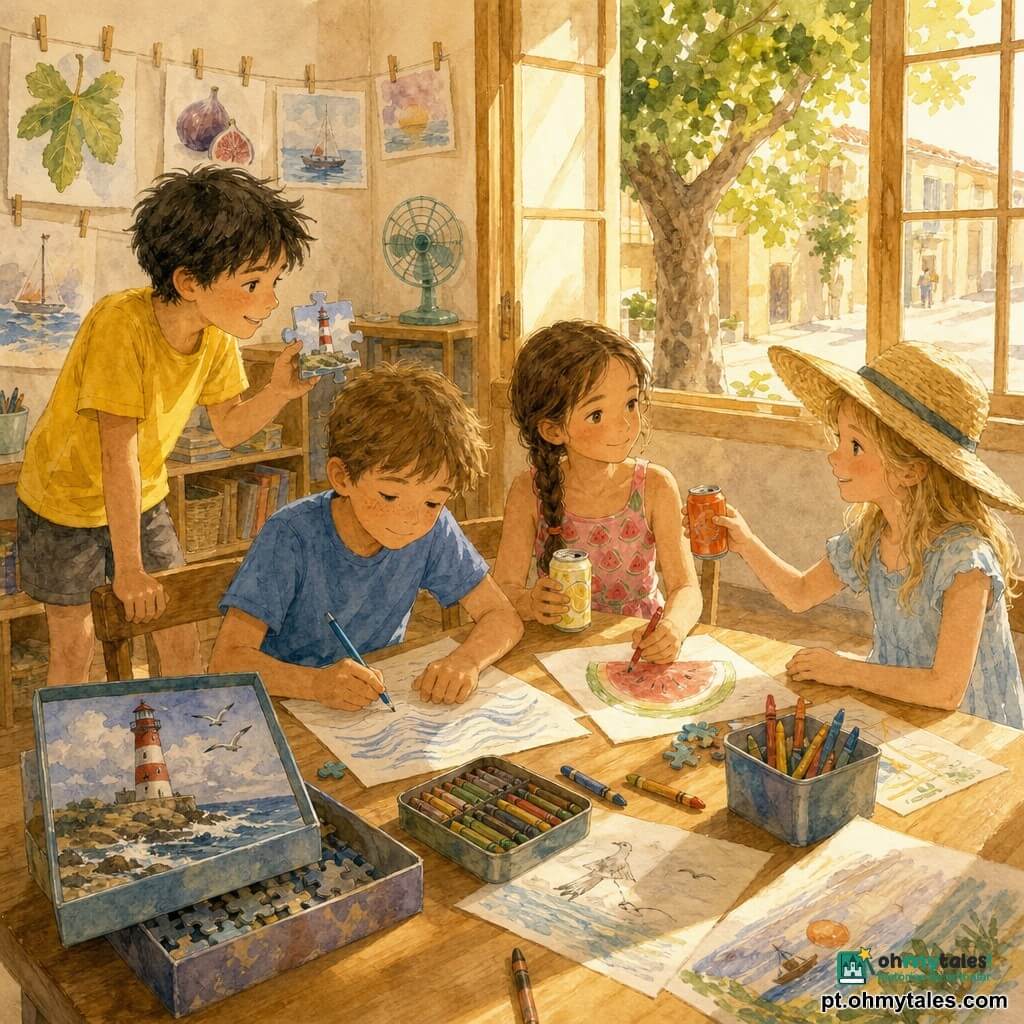 Quatro crianças: Tomás (c. 8 anos, cabelo castanho curto, rosto com sardas, t-shirt azul claro, short caqui) sentado centro-esquerda desenhando ondas e respirando calmamente; Leonor (c. 8 anos, cabelo castanho em trança, sorriso tímido, vestido com padrão de melancia) à direita de Tomás, segurando uma lata de limonada e colorindo uma grande melancia; Gui (c. 8 anos, cabelo negro despenteado, expressão viva, t-shirt amarelo, short cinza) em pé atrás da mesa à esquerda com uma peça de puzzle de um farol, olhando Tomás; Marta (c. 9 anos, cabelo loiro sob um grande chapéu de palha, vestido azul-claro) à direita, sorrindo e oferecendo uma lata laranja‑vermelha a Leonor. Local: sala polivalente luminosa com janelas de madeira, chão em parquet claro, mesa longa de madeira coberta de folhas, caixas de lápis e um puzzle aberto mostrando um farol e gaivotas; do lado de fora, uma figueira e uma rua banhada pelo sol da tarde. Situação: tarde de verão calma após brincadeira ao ar livre — as crianças desenham e montam o puzzle juntas; atmosfera suave com cores em tons pastéis, luz dourada filtrando pelas janelas e sombras longas.
