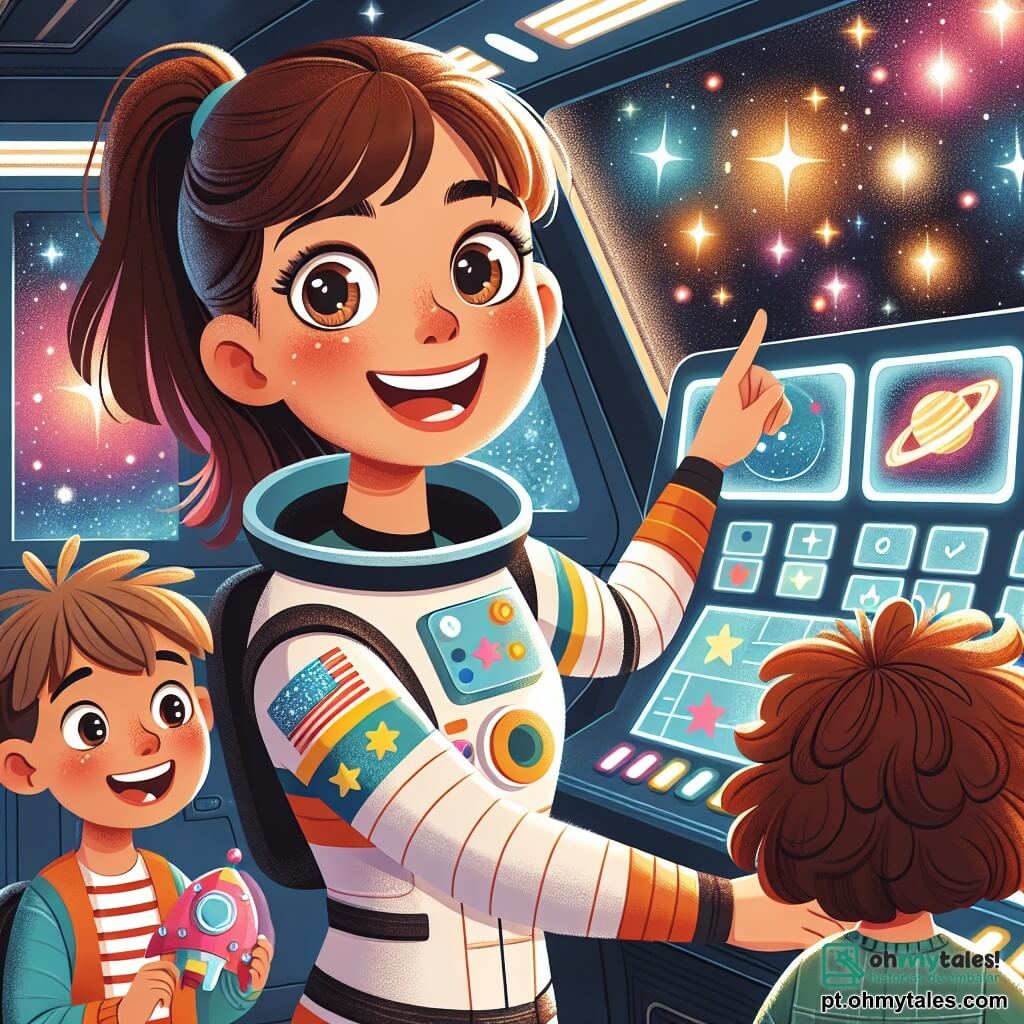 Uma mulher piloto espacial, Ana, está no centro da imagem, com um grande sorriso no rosto. Ela tem cabelos castanhos presos em um rabo de cavalo e veste um traje espacial colorido, adornado com patches de estrelas. Ana está mostrando às crianças como usar os comandos da nave espacial, com os olhos brilhando de excitação. Ao lado dela, uma menina chamada Lua, de 7 anos, tem grandes olhos curiosos e cabelos cacheados. Ela aponta para uma janela, maravilhada com a vista das estrelas cintilantes. Um garoto chamado Pedro, de 8 anos, está logo atrás dela, com um sorriso largo e cabelos loiros bagunçados, segurando um pequeno modelo de nave espacial. A cena acontece dentro de uma nave espacial moderna, com painéis de controle iluminados e telas exibindo imagens de planetas coloridos. Através das janelas, pode-se ver um céu estrelado repleto de galáxias brilhantes e nebulosas coloridas. A situação principal mostra Ana explicando às crianças como pilotar a nave, enquanto flutuam alegremente na ingravidez, cercados pela magia do cosmos.