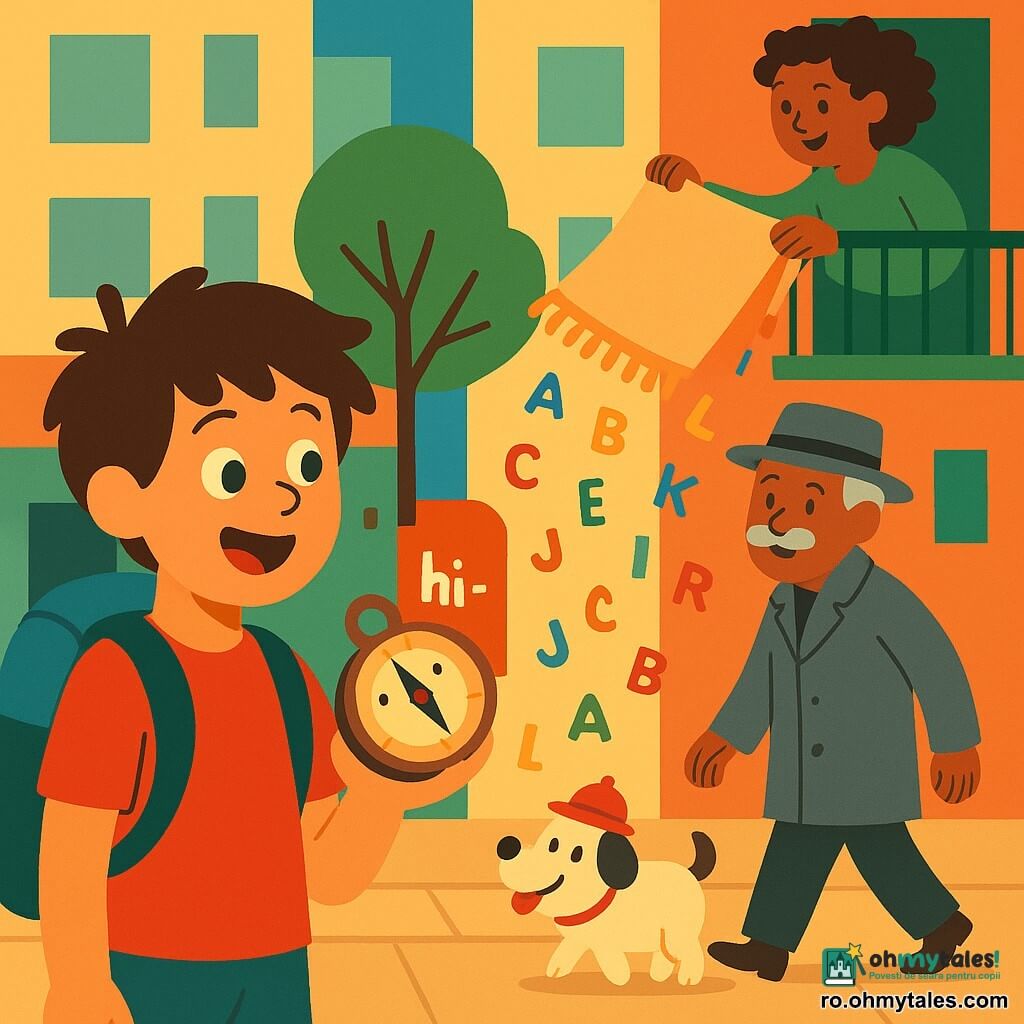 Un băiat de 10 ani, entuziast și curios, ține o mică busolă din lemn zâmbitoare care scoate hi-hi, poartă un rucsac prea mare, păr șaten zburlit, ochi rotunzi și expresie de uimire; un bărbat în vârstă, domnul Vasile, cu mustață și palton gri, merge spre dreapta cu câinele său Biluț — mic, rotund, cu o pălărie roșie aprinsă și limba scoasă —; o femeie de circa 50 de ani, mătușa, pe un balcon sus dreapta scutură un covor bej de pe care prafuri se transformă în litere colorate care cad ca ploaia; locație: alee între blocuri pastelate, trotuar pavat, un copac cu frunze verzi și o mică brutărie în fundal cu vitrină aburindă; scenă principală: busola se învârte și indică înspre alee, băiatul râde, bărbatul și câinele se apropie, literele colorate cad; compoziție clară, forme simple, contraste vii, paletă caldă (ocru, roșu, verde), stil grafic plat și jucăuș.